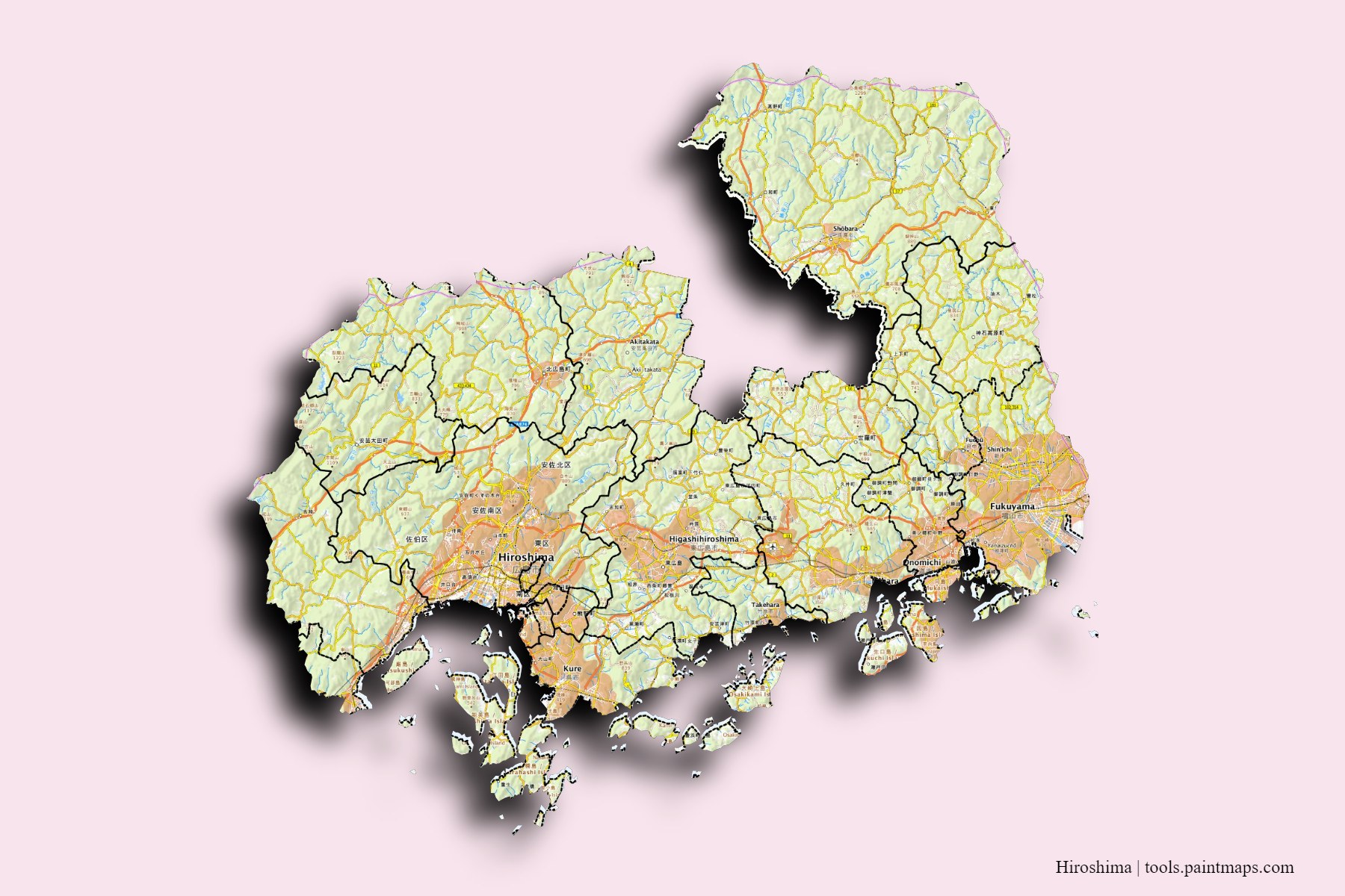 Hiroshima Prefecture and counties map with 3D shadow effect