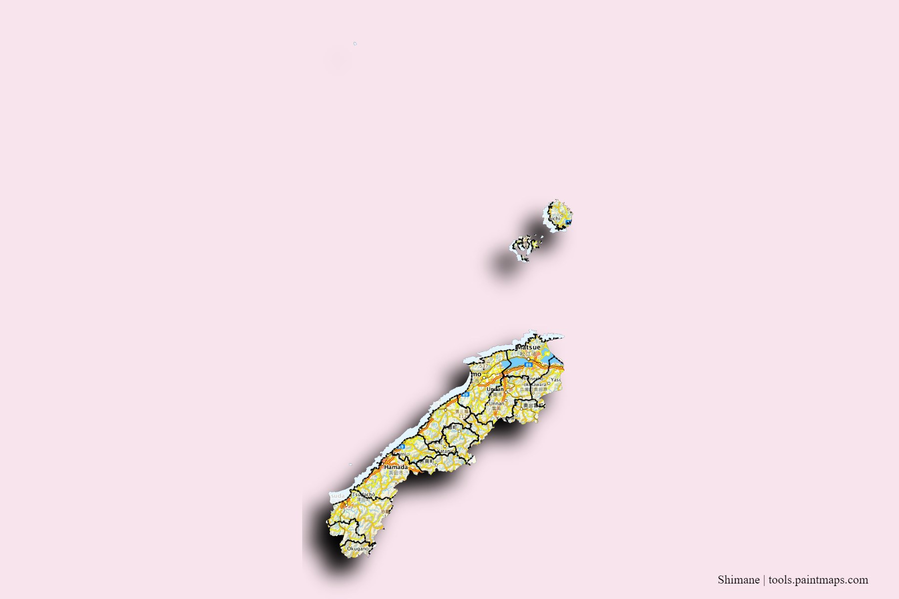 Shimane Prefecture and counties map with 3D shadow effect