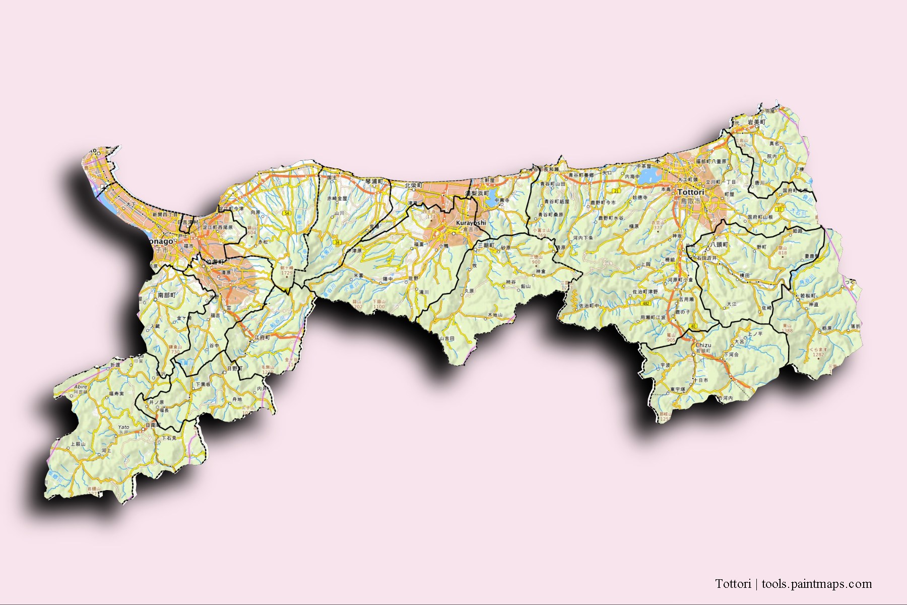 Tottori Prefecture and counties map with 3D shadow effect