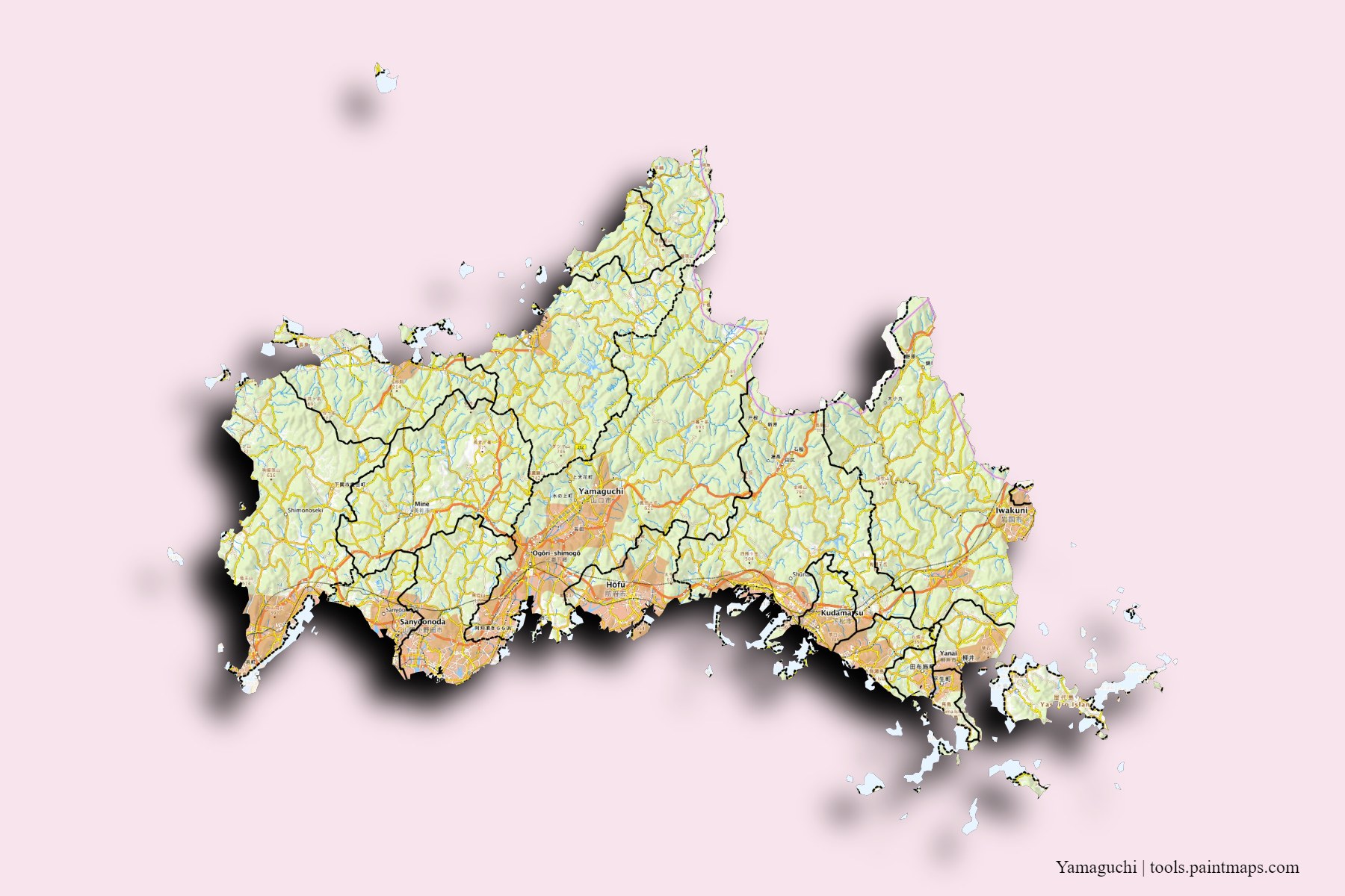 Yamaguchi Prefecture and counties map with 3D shadow effect