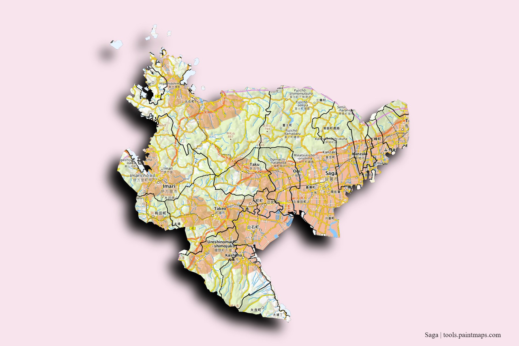 Saga Prefecture and counties map with 3D shadow effect