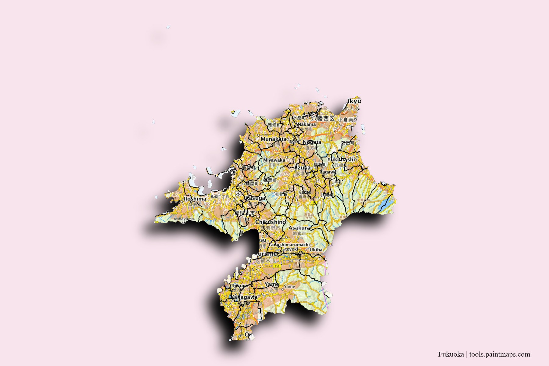 Mapa de Fukuoka y sus distritos con efecto de sombra 3D