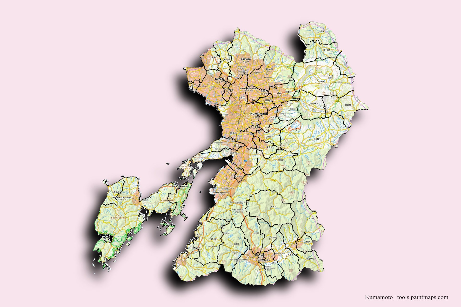 Kumamoto Prefecture and counties map with 3D shadow effect