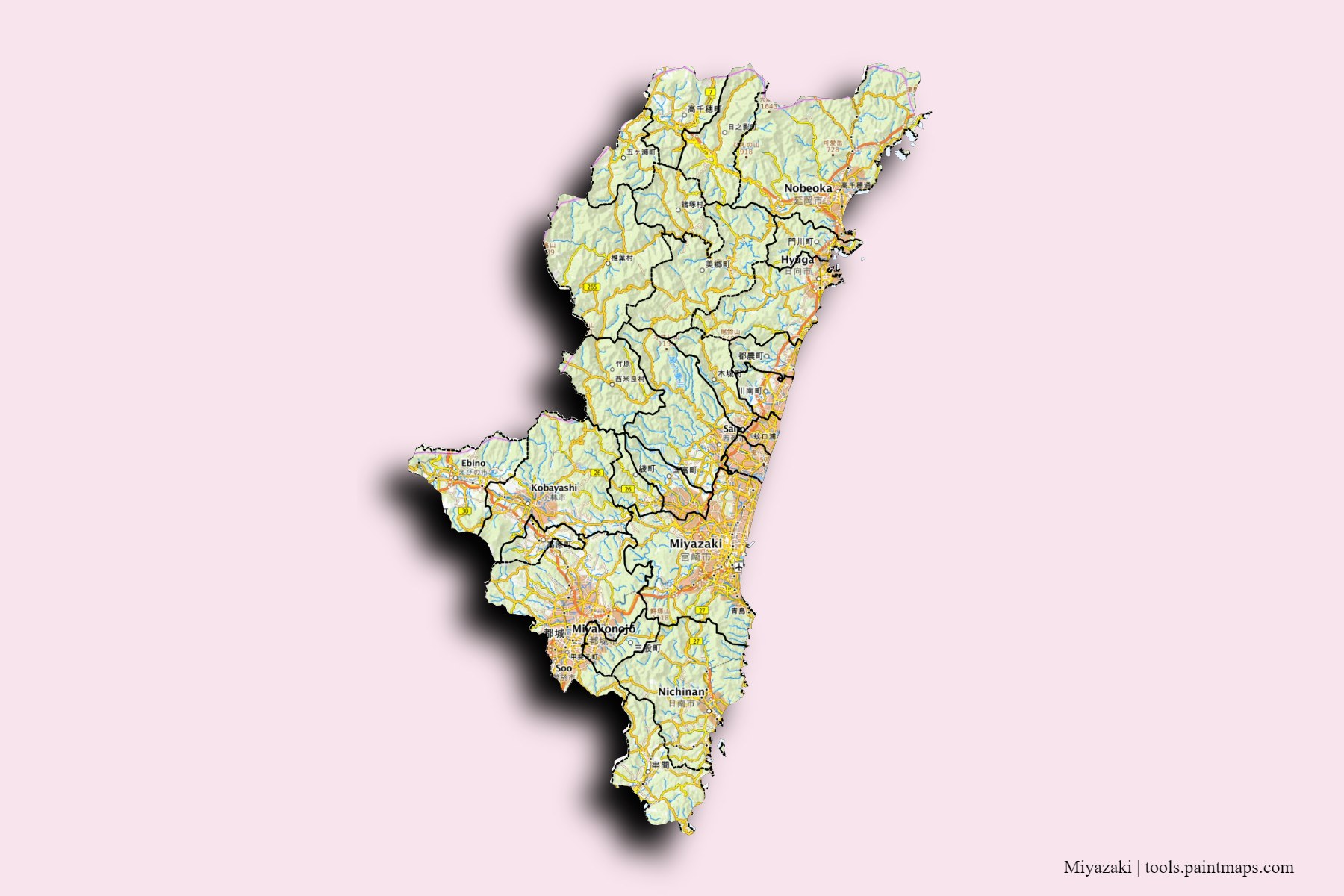Mapa de Miyazaki y sus distritos con efecto de sombra 3D
