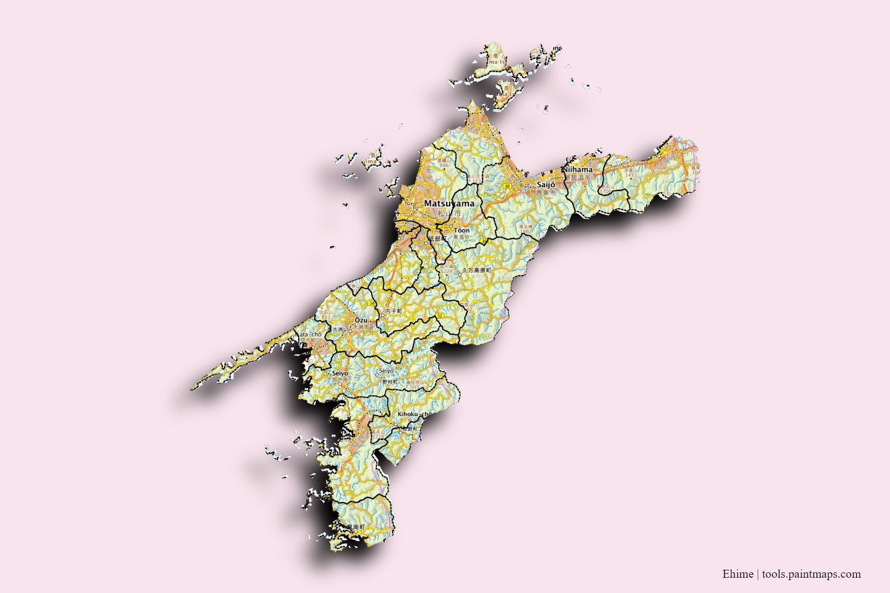 Ehime Prefecture and counties map with 3D shadow effect