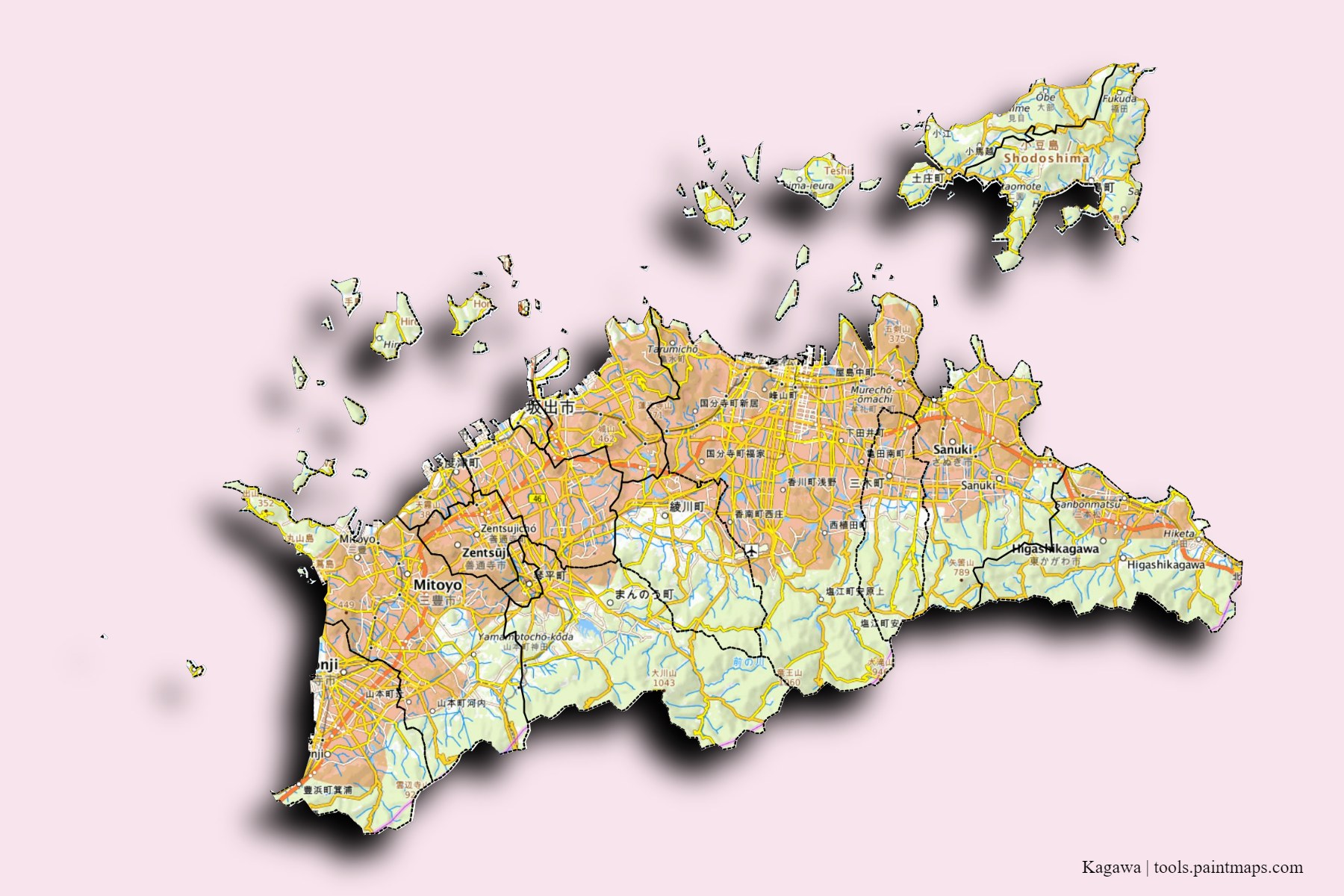 Kagawa Prefecture and counties map with 3D shadow effect