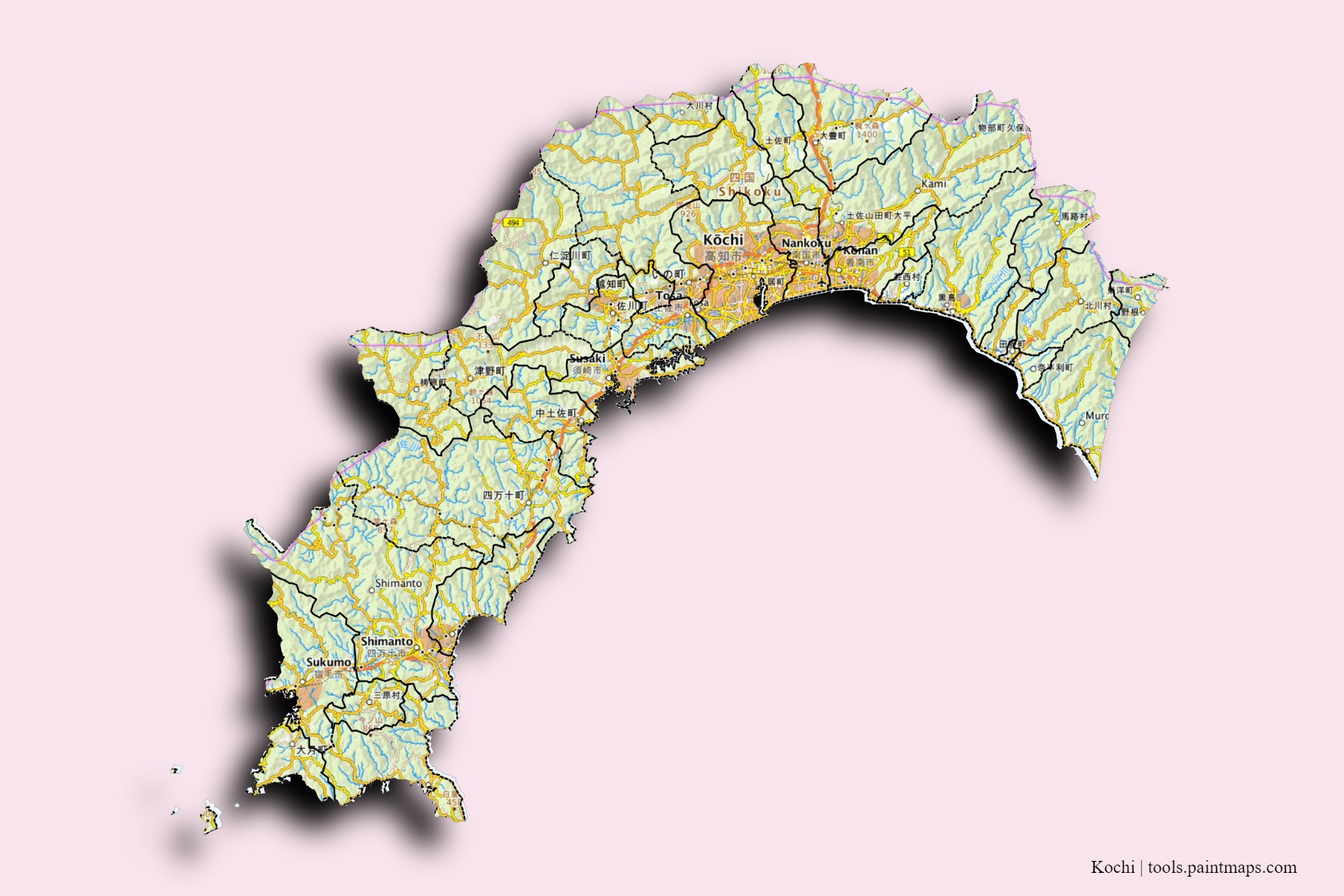 Kochi Prefecture and counties map with 3D shadow effect