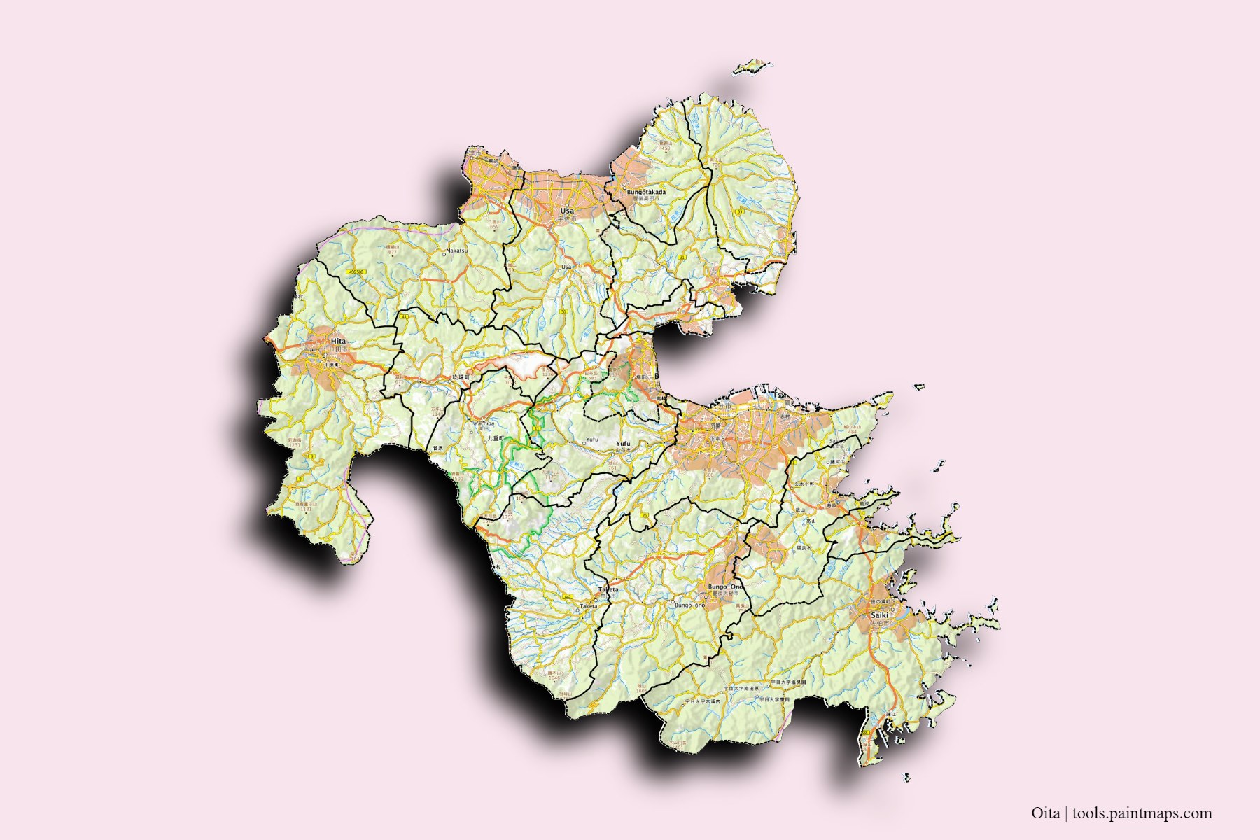 Oita Prefecture and counties map with 3D shadow effect