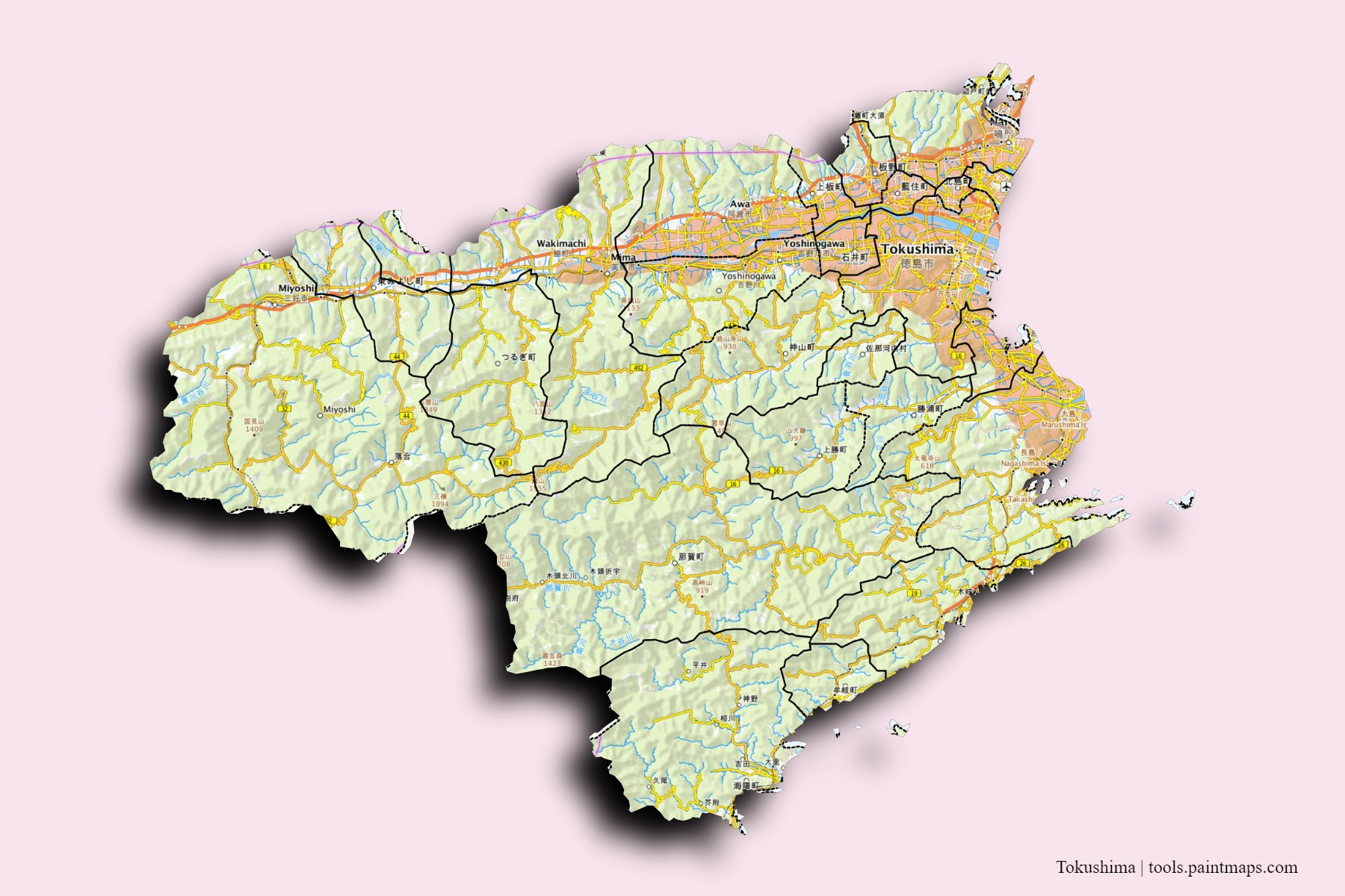 Tokushima Prefecture and counties map with 3D shadow effect