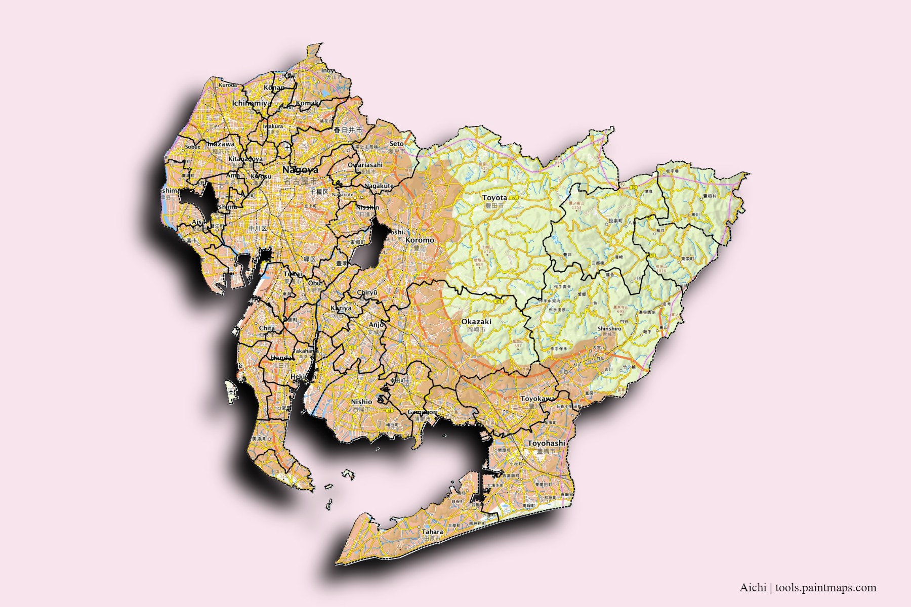 Aichi Prefecture and counties map with 3D shadow effect