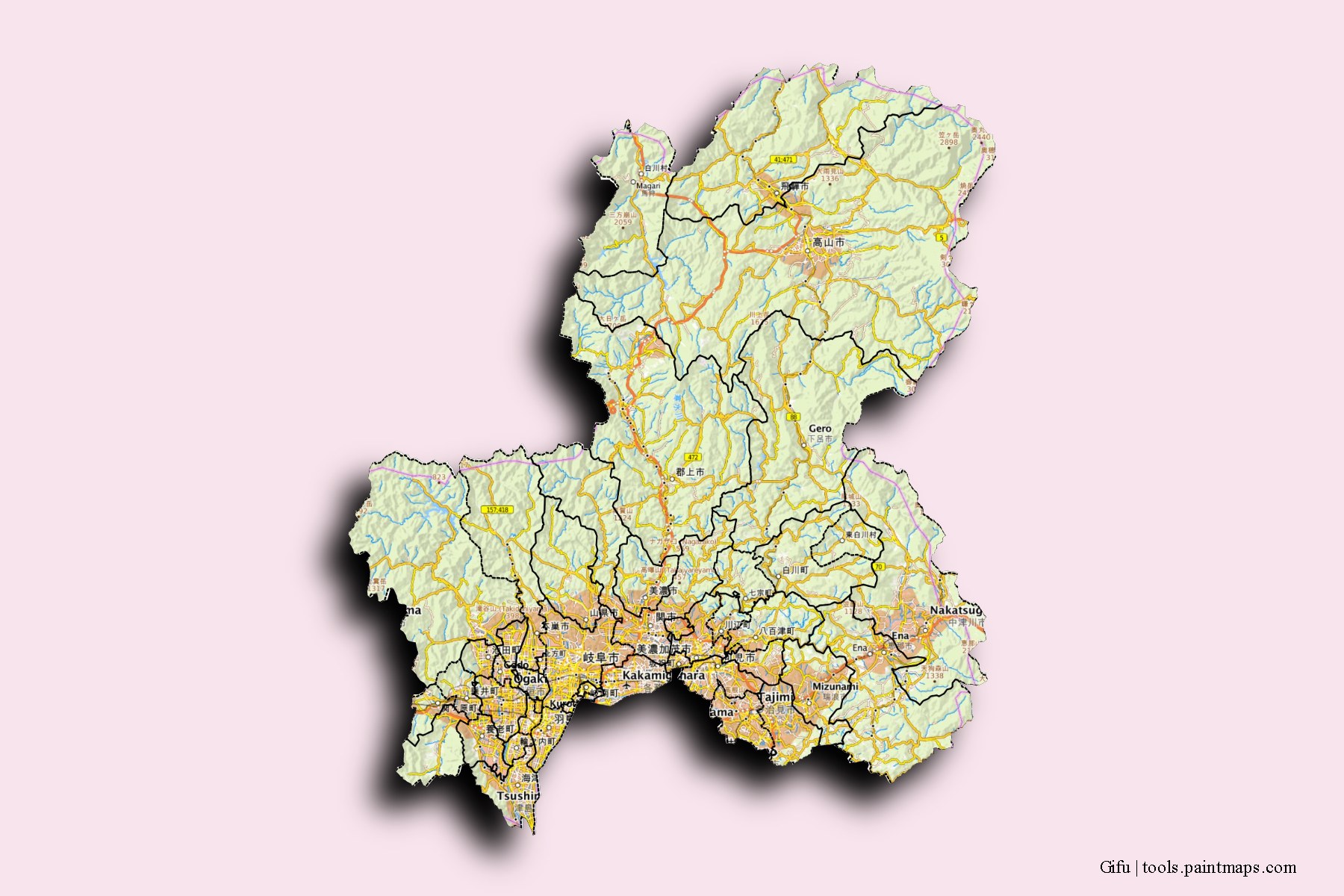 Mapa de Gifu y sus distritos con efecto de sombra 3D