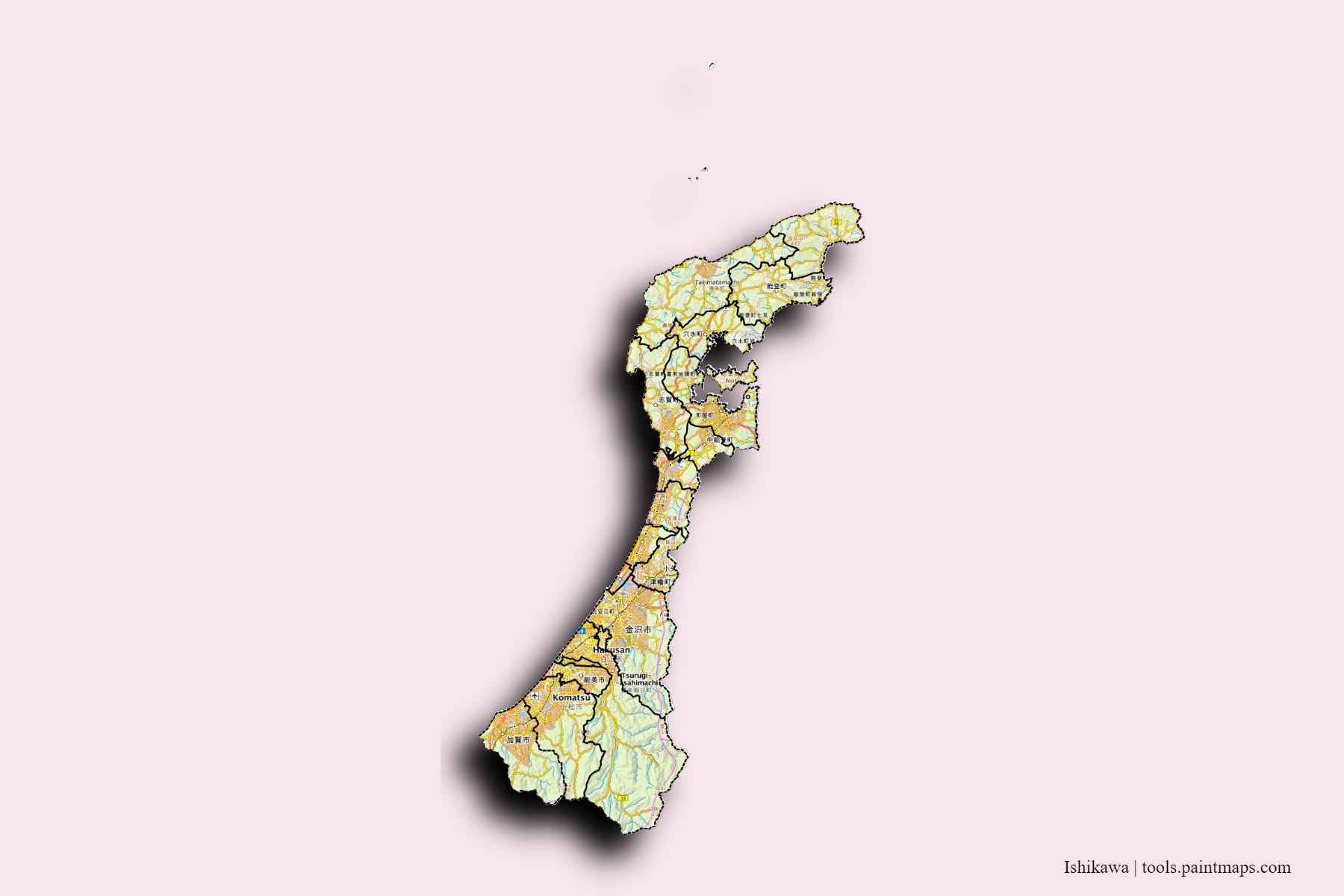 Ishikawa Prefecture and counties map with 3D shadow effect