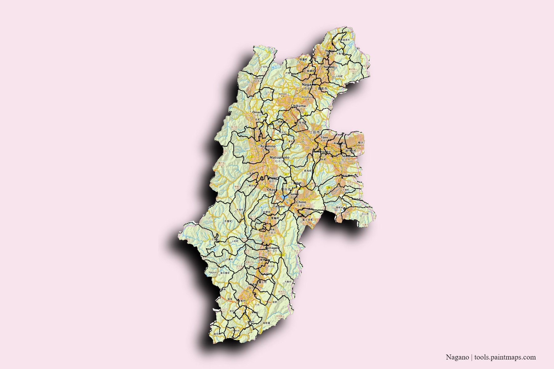 Nagano Prefecture and counties map with 3D shadow effect