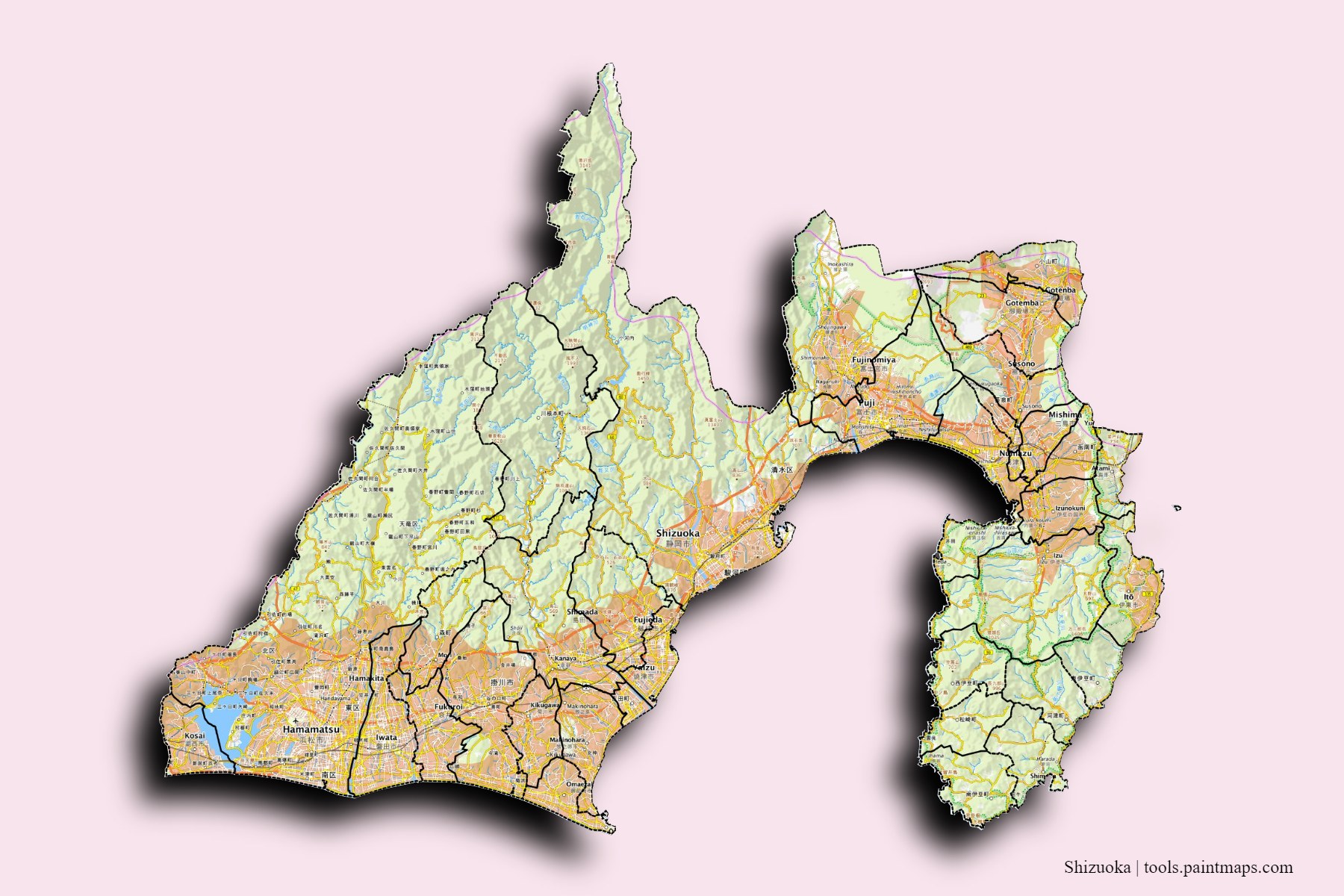 Shizuoka Prefecture and counties map with 3D shadow effect