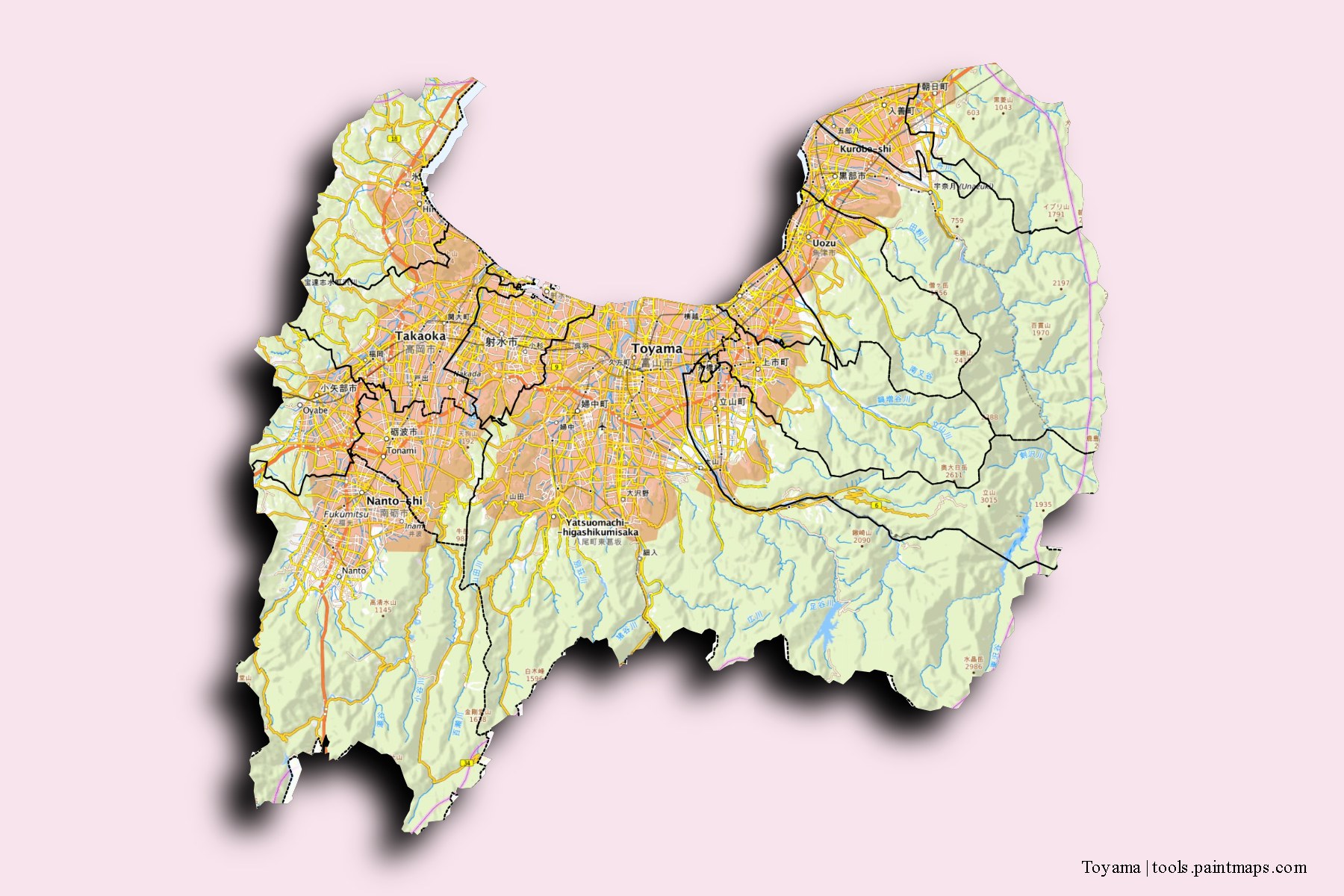 Toyama Prefecture and counties map with 3D shadow effect