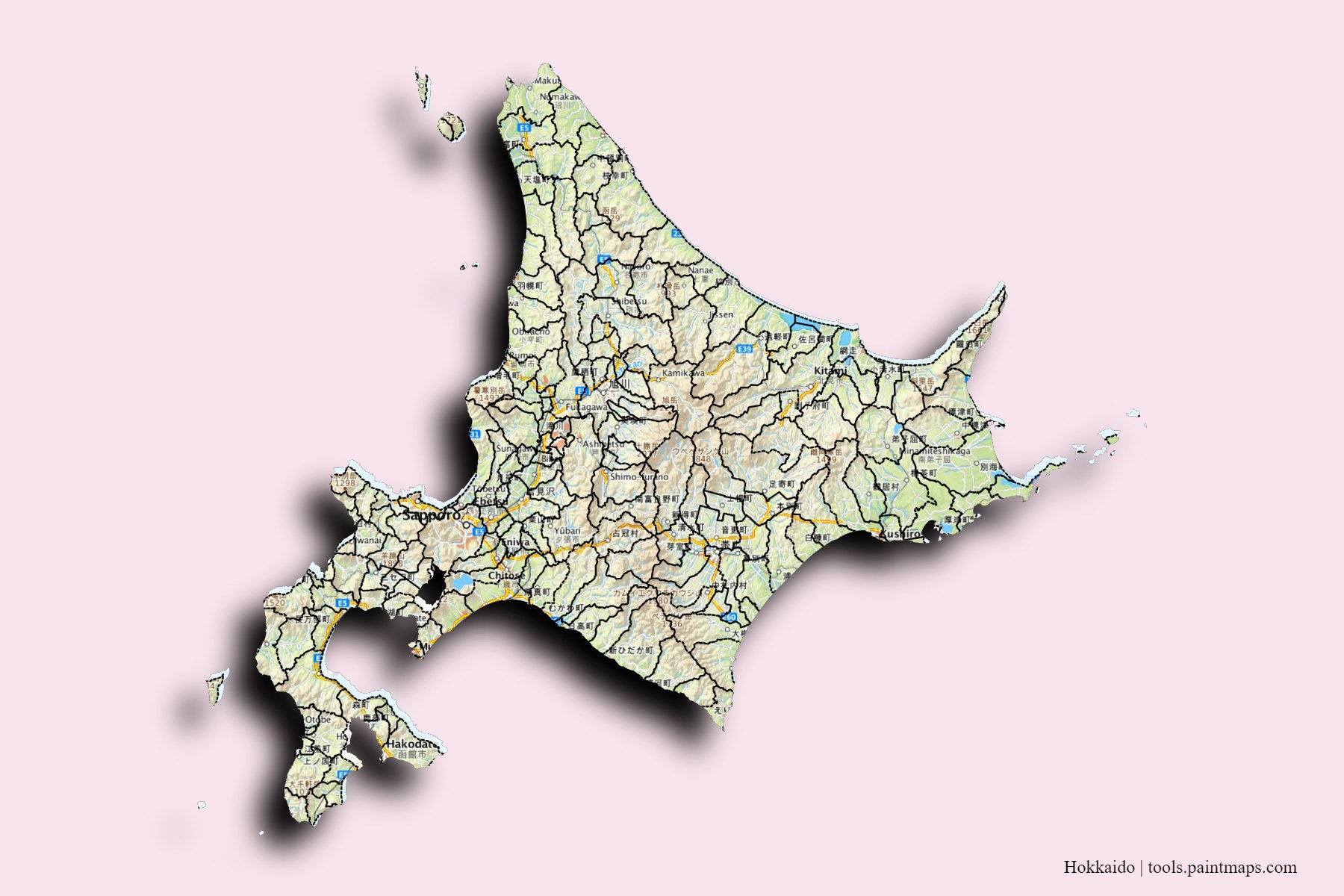 Hokkaido Prefecture and counties map with 3D shadow effect