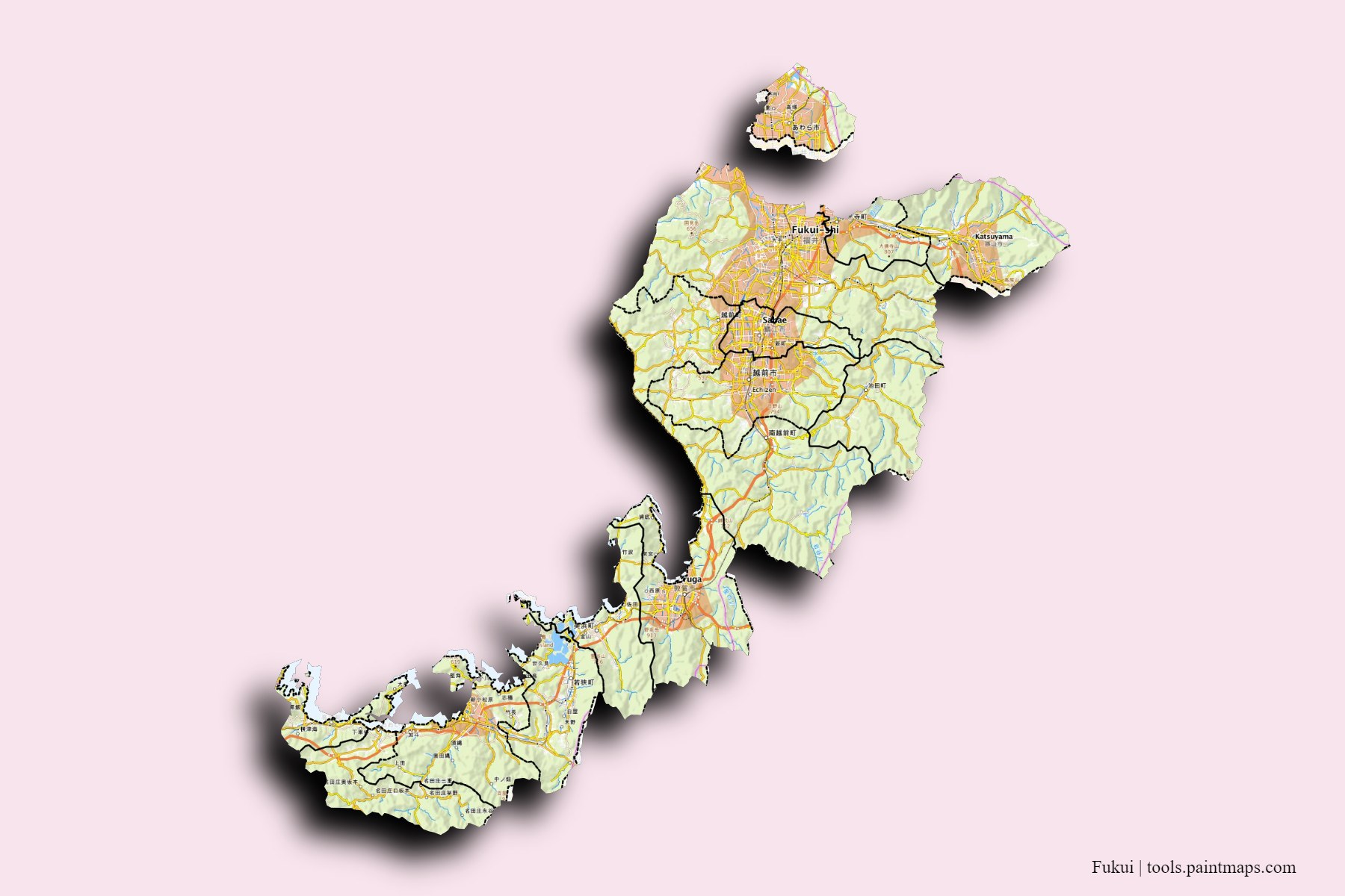 Fukui Prefecture and counties map with 3D shadow effect