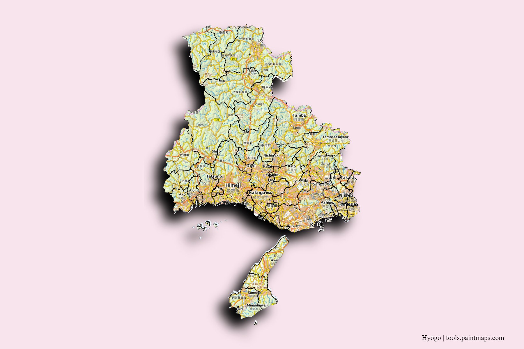 Hyogo Prefecture and counties map with 3D shadow effect