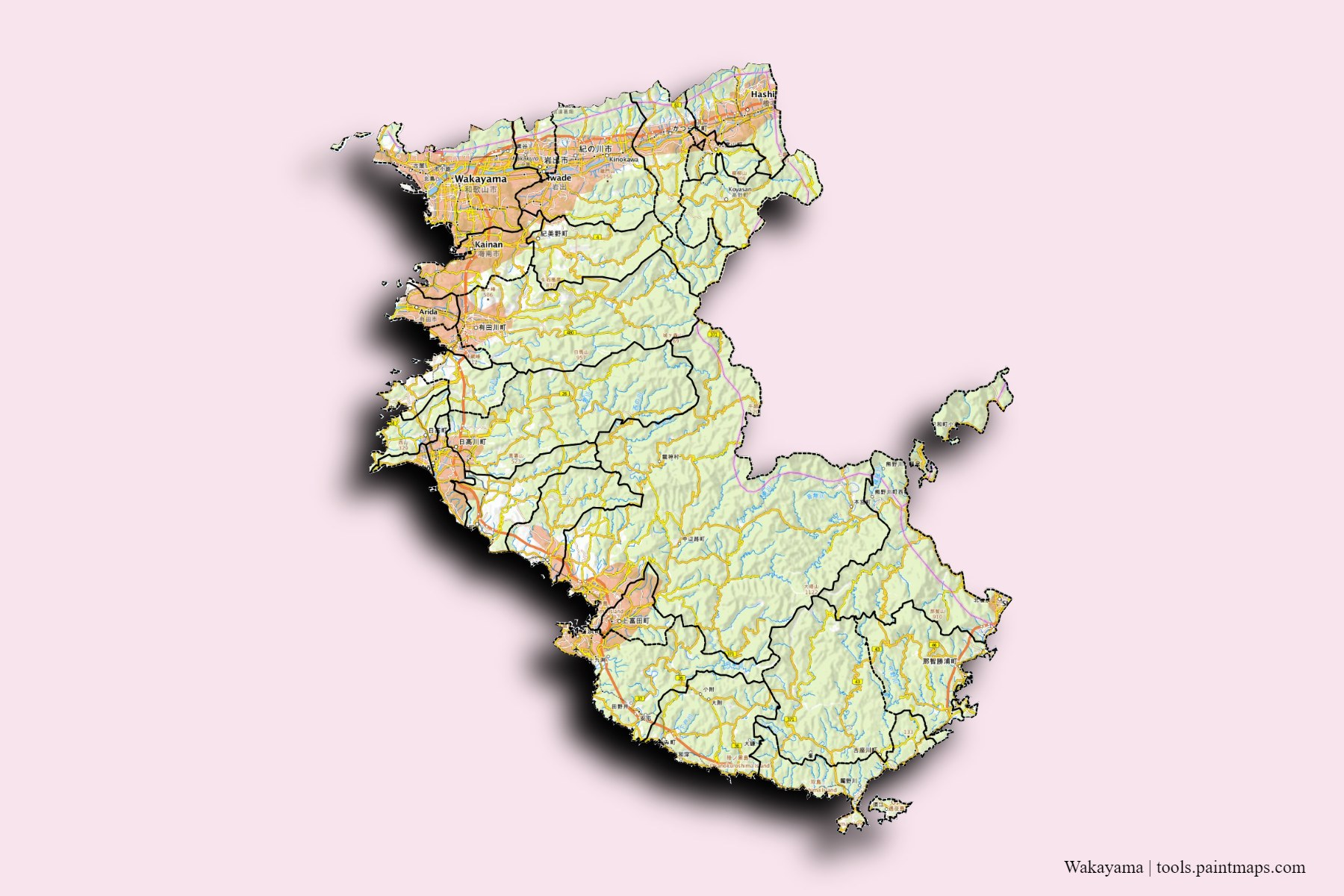 Wakayama Prefecture and counties map with 3D shadow effect