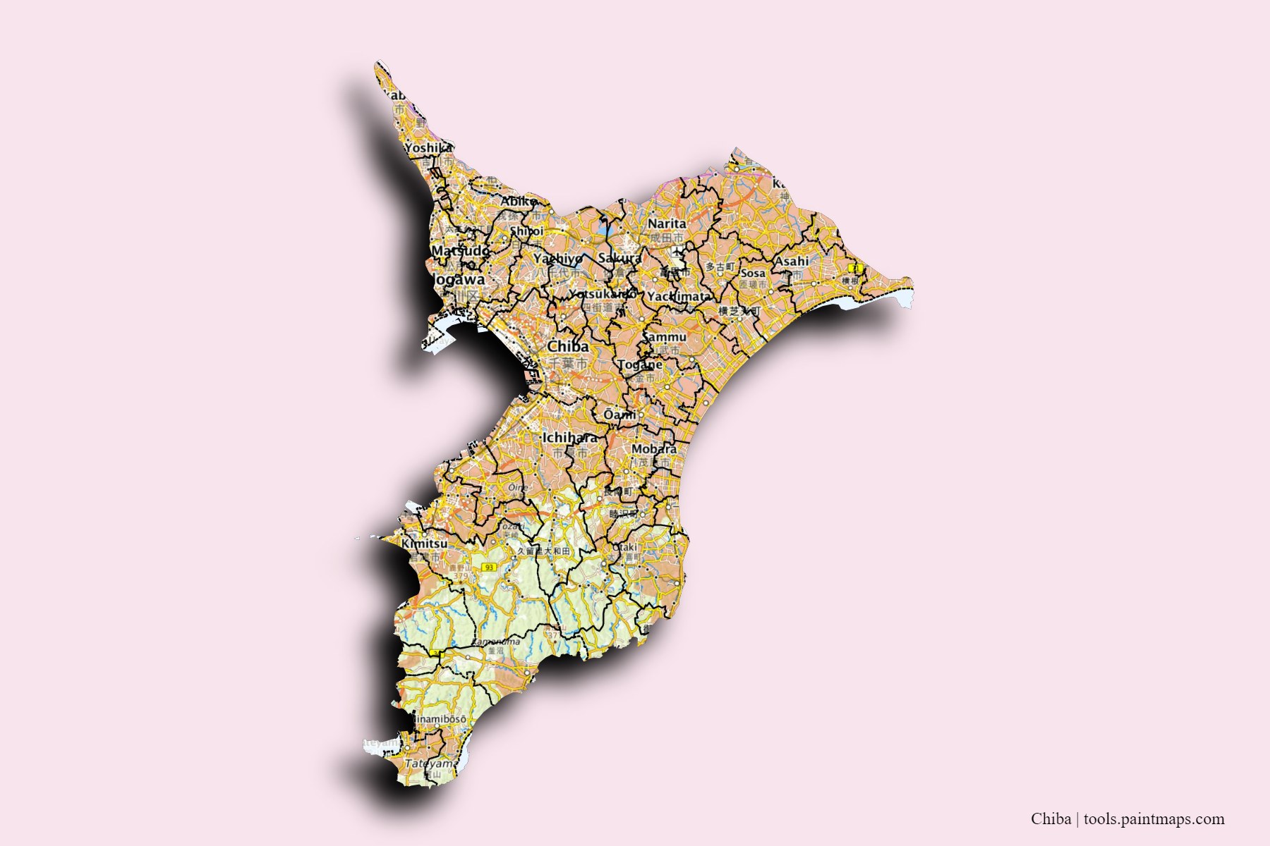 Mapa de Chiba y sus distritos con efecto de sombra 3D