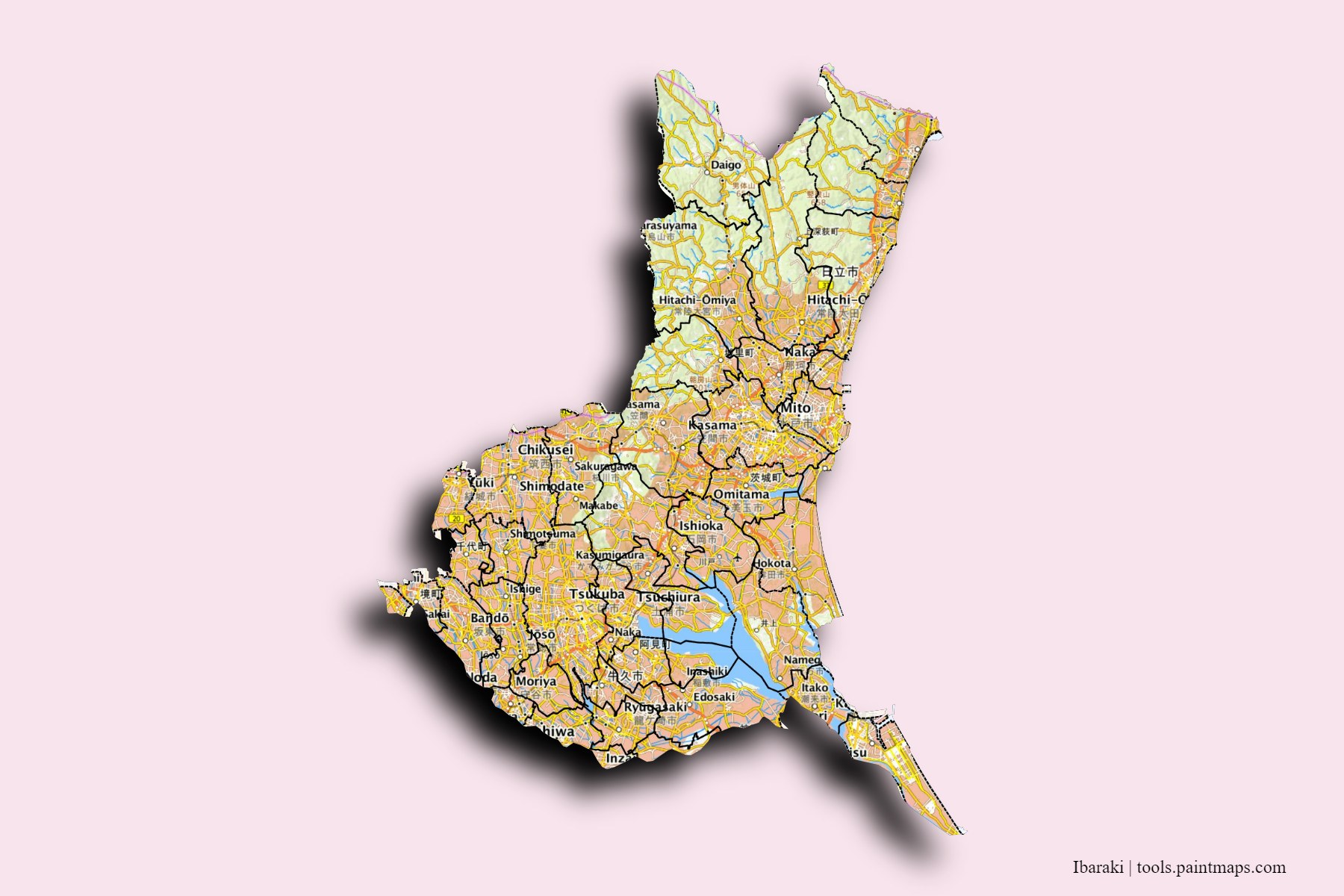 Ibaraki Prefecture and counties map with 3D shadow effect