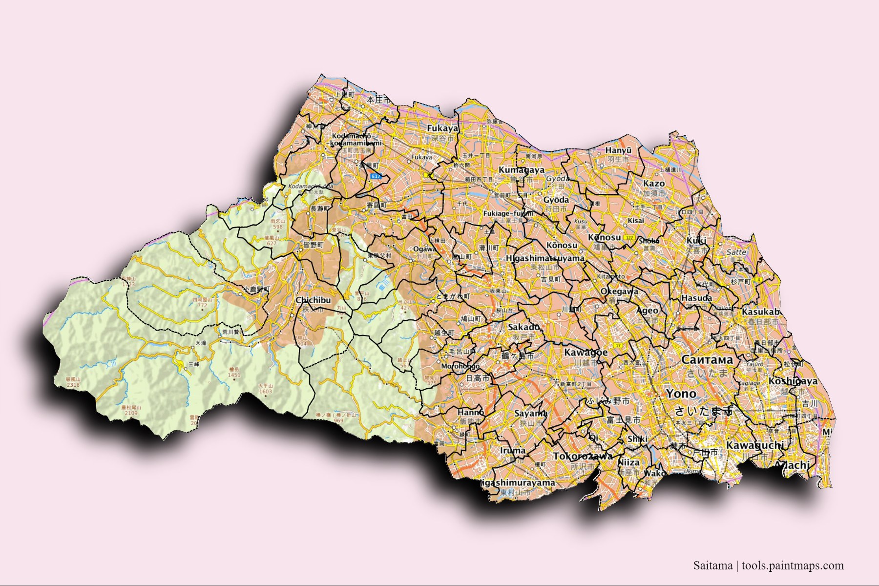 Mapa de Saitama y sus distritos con efecto de sombra 3D