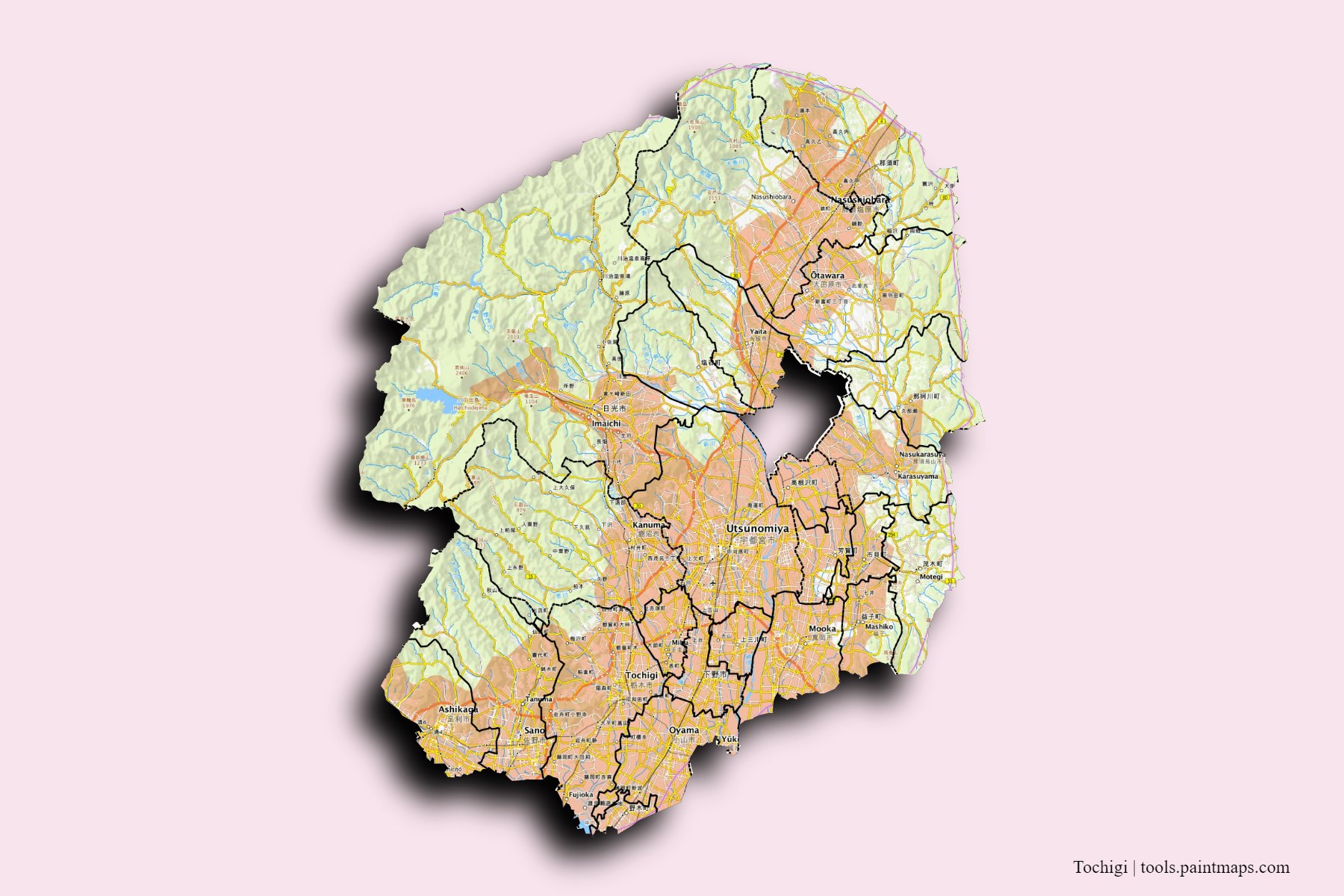 Mapa de Tochigi y sus distritos con efecto de sombra 3D