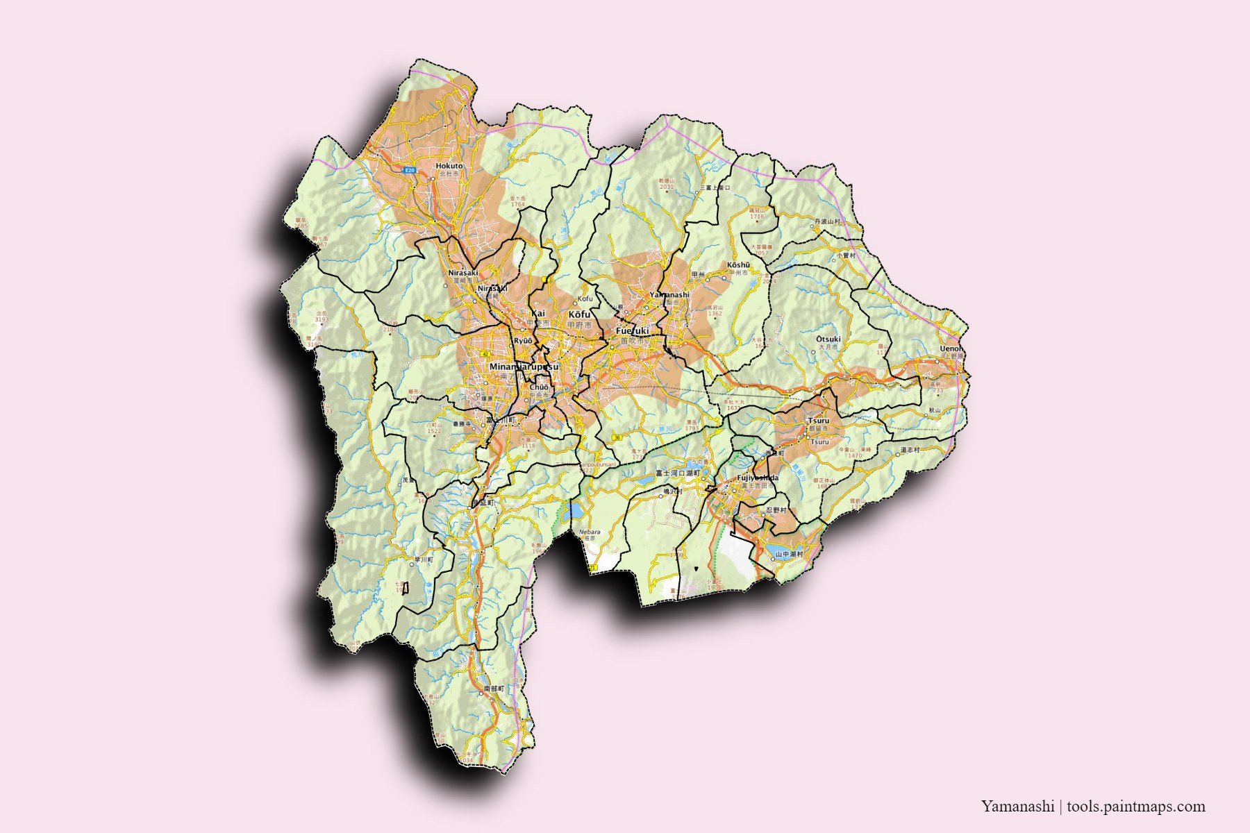 Yamanashi Prefecture and counties map with 3D shadow effect