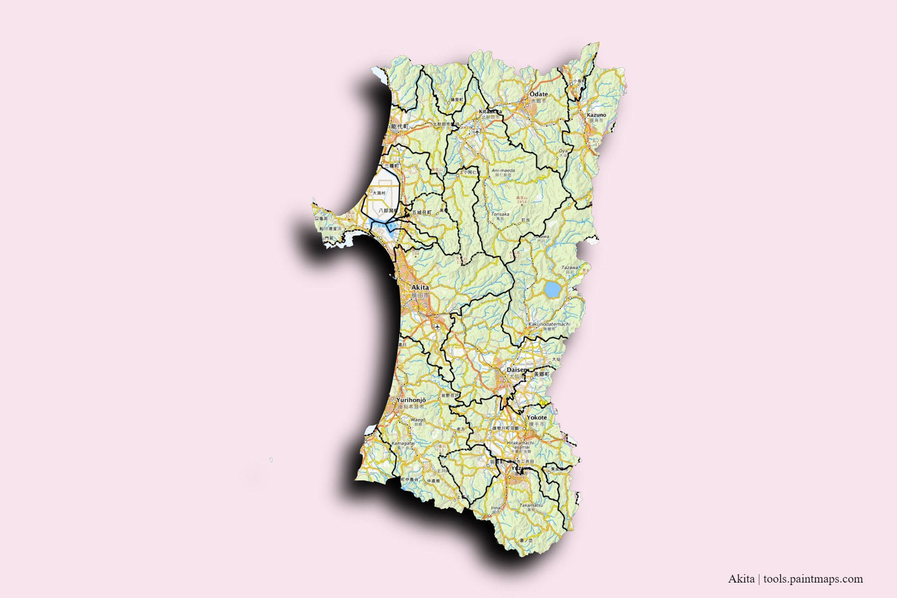 Akita Prefecture and counties map with 3D shadow effect