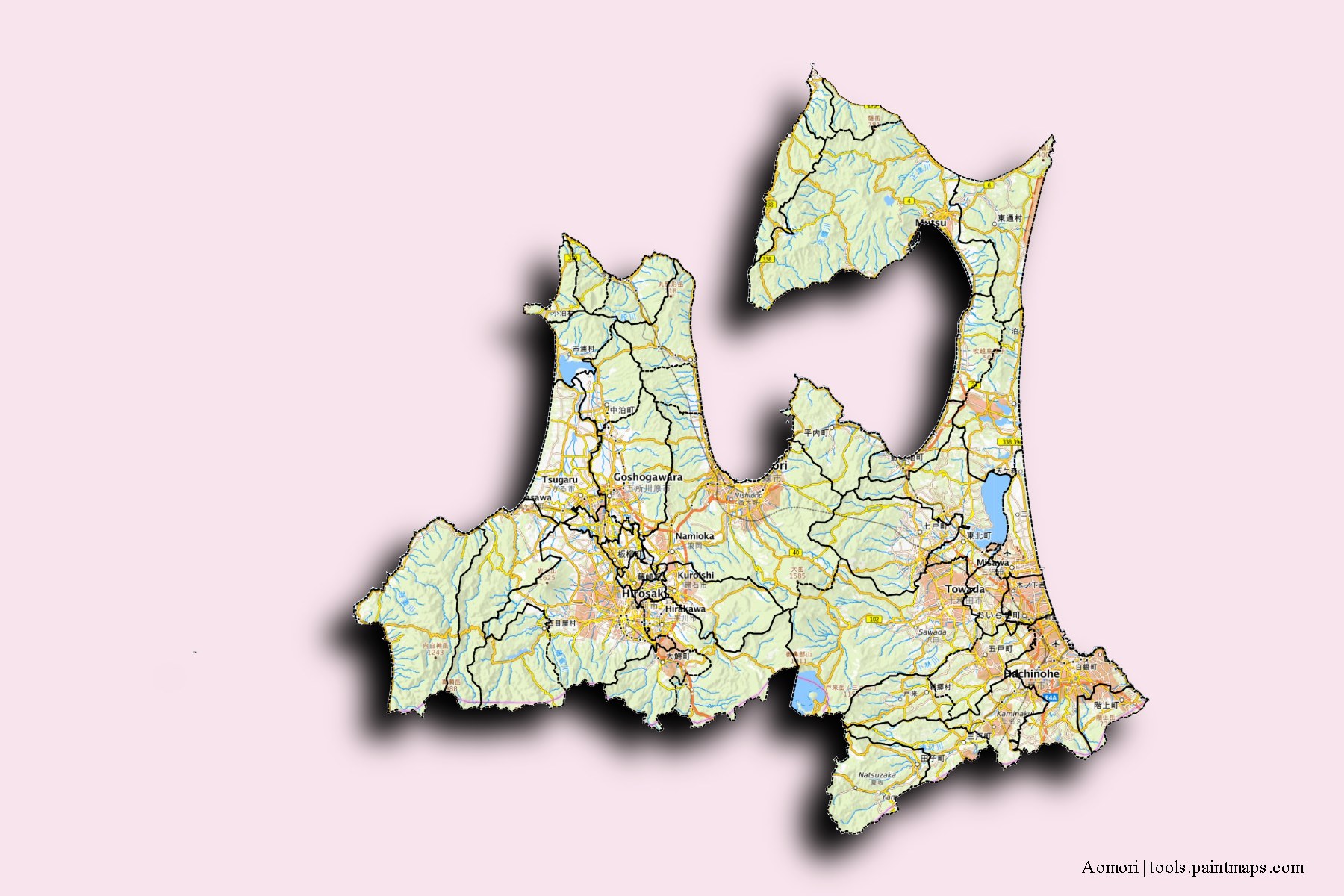 Aomori Prefecture and counties map with 3D shadow effect