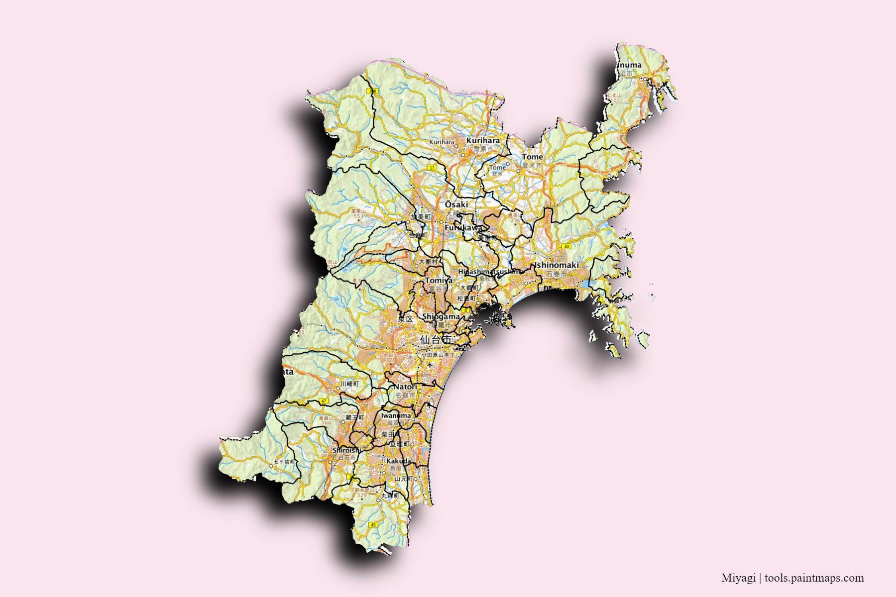 Miyagi Prefecture and counties map with 3D shadow effect