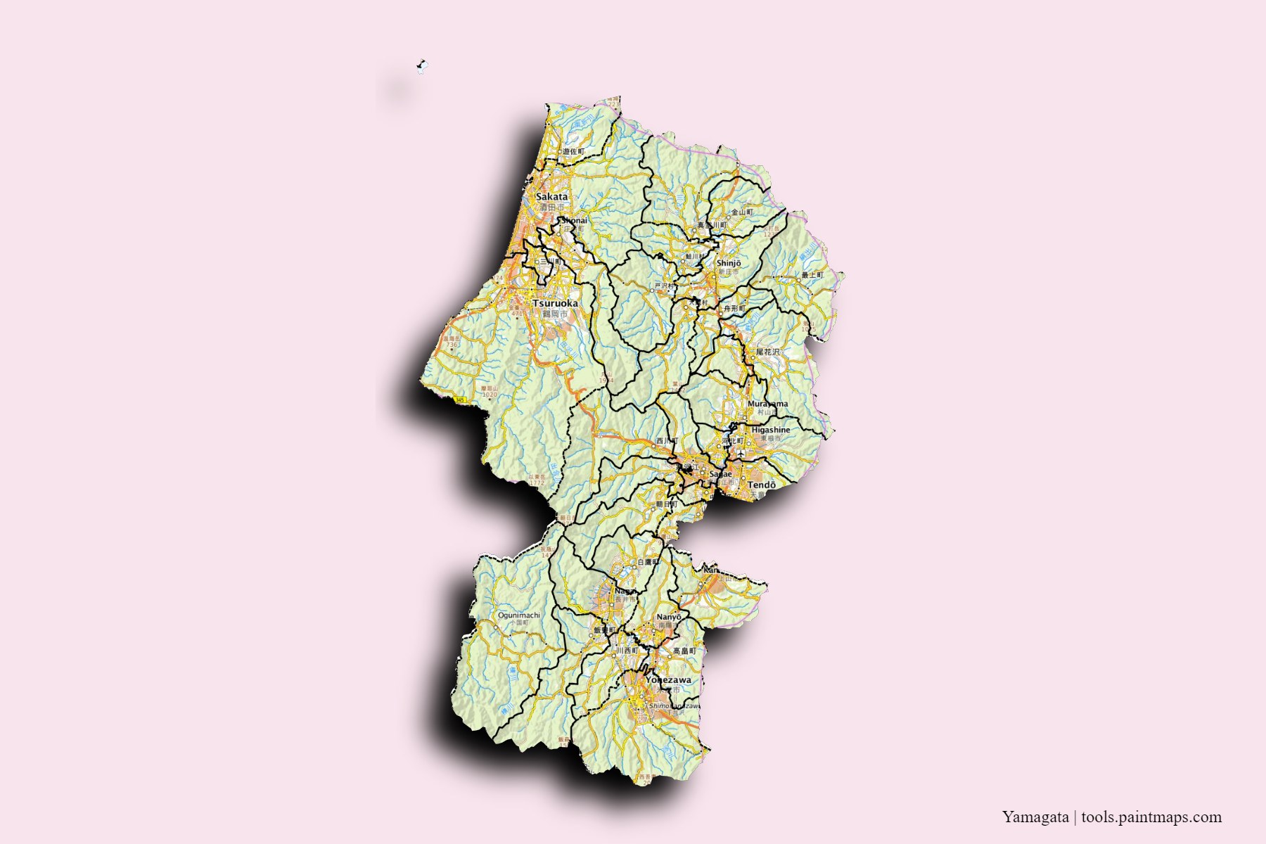 Yamagata Prefecture and counties map with 3D shadow effect