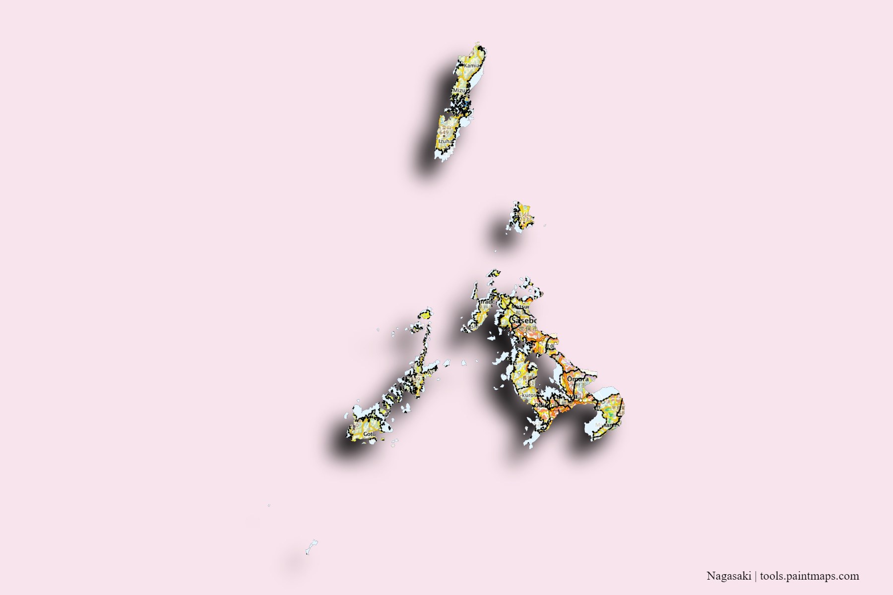 Nagasaki Prefecture and counties map with 3D shadow effect