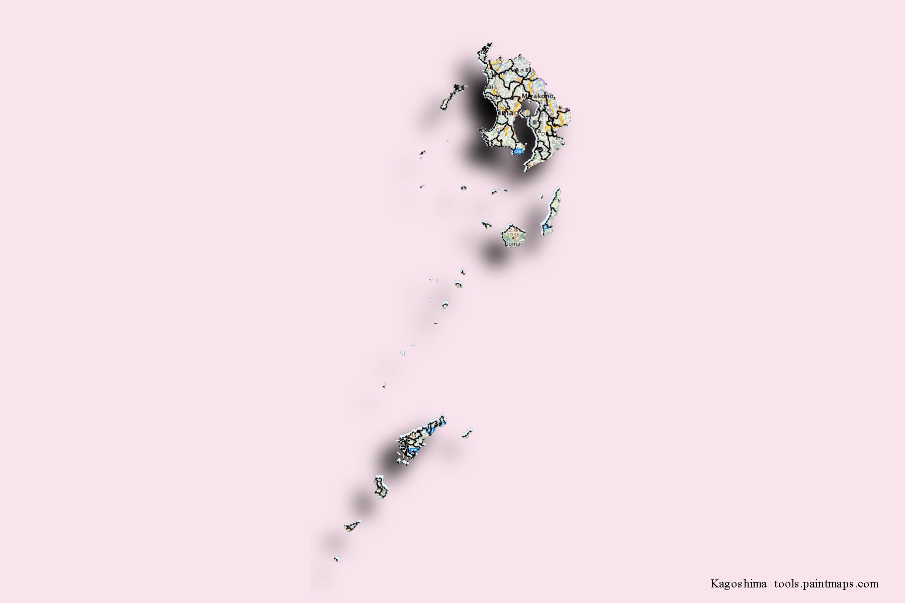 Kagoshima Prefecture and counties map with 3D shadow effect