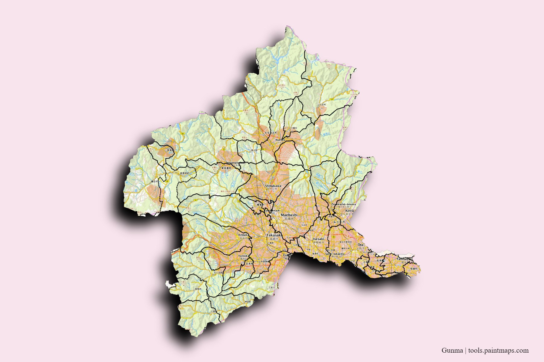 Gunma Prefecture and counties map with 3D shadow effect