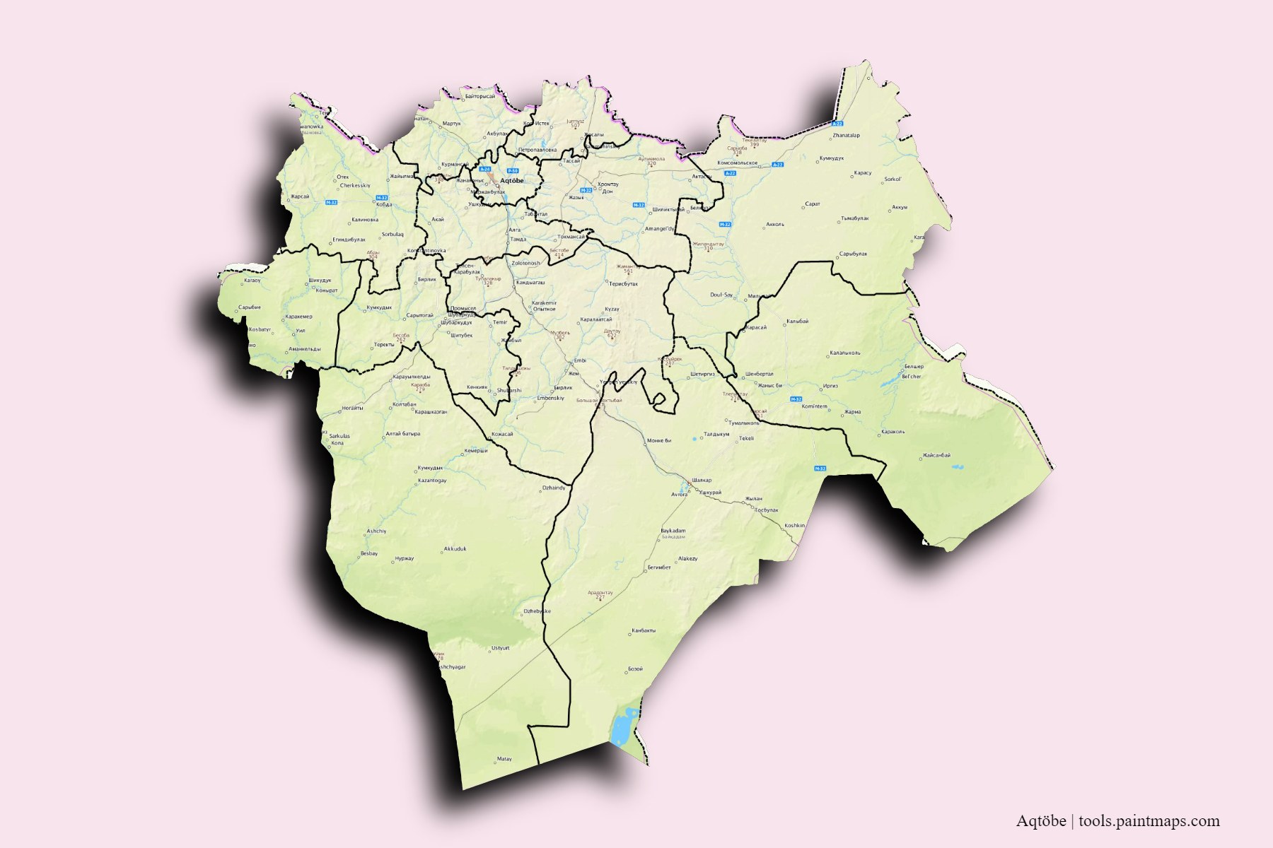 Mapa de Aqtöbe y sus distritos con efecto de sombra 3D