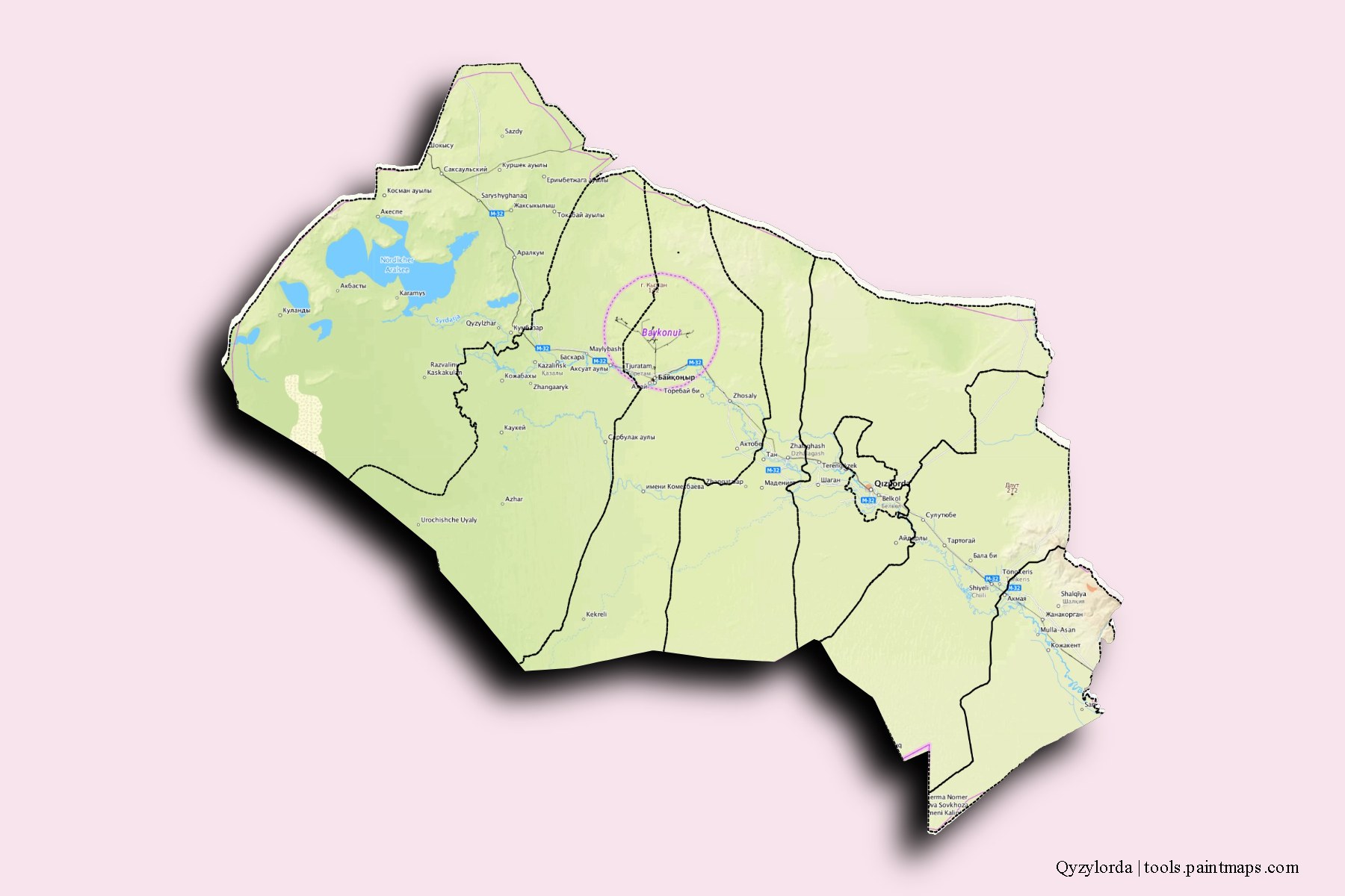 Mapa de Qyzylorda y sus distritos con efecto de sombra 3D