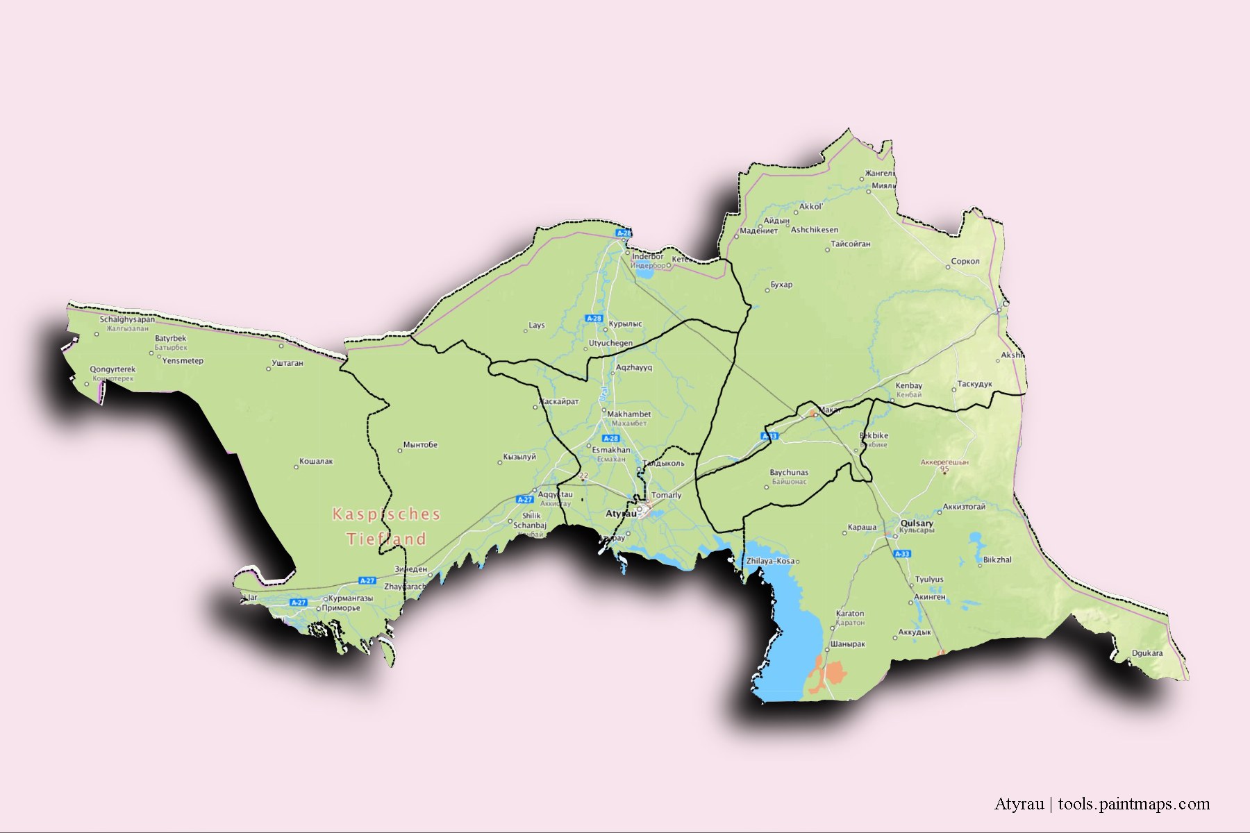 Mapa de Atyrau y sus distritos con efecto de sombra 3D