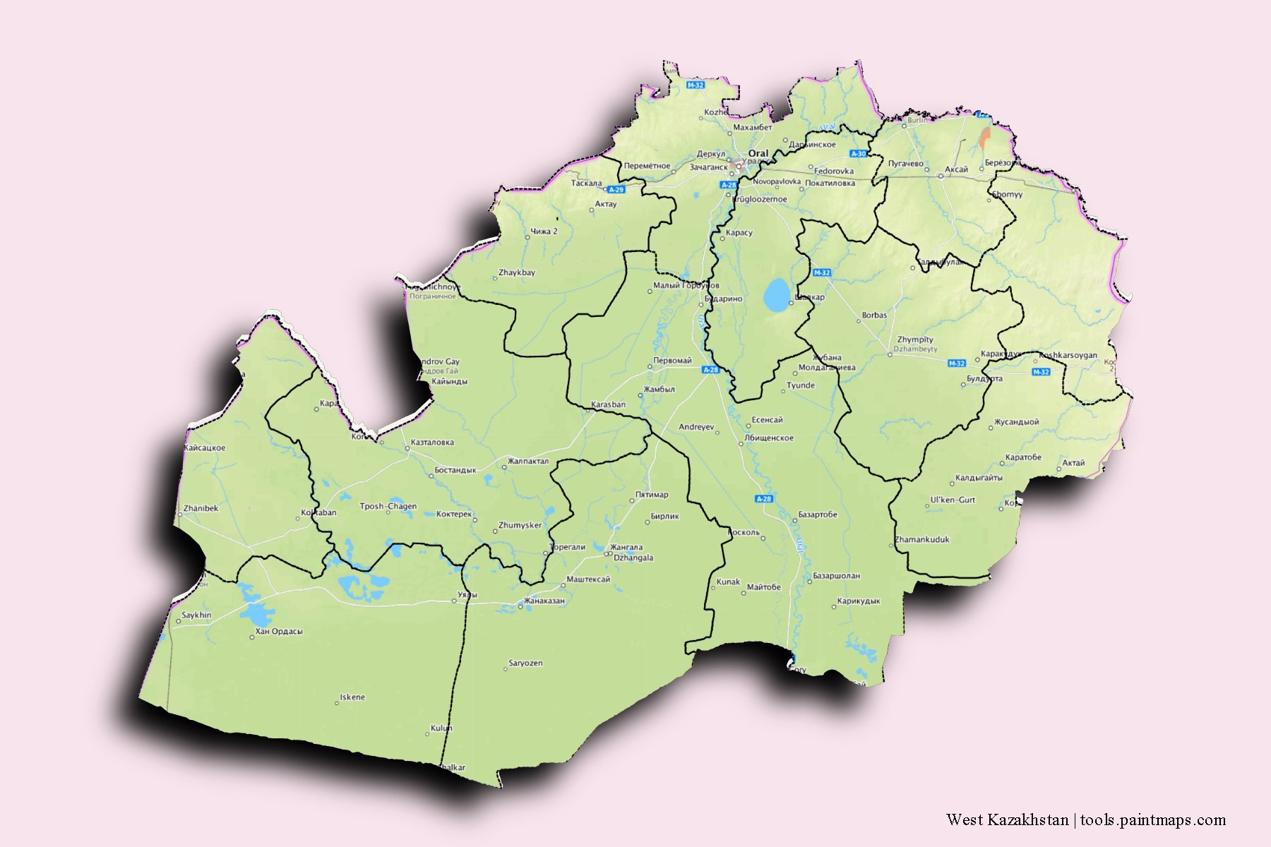 Mapa de West Kazakhstan y sus distritos con efecto de sombra 3D