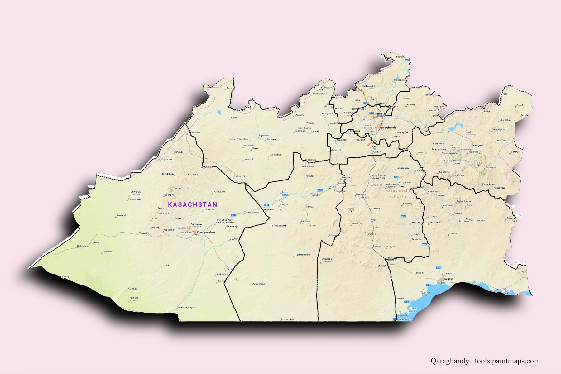 Mapa de Qaraghandy y sus distritos con efecto de sombra 3D