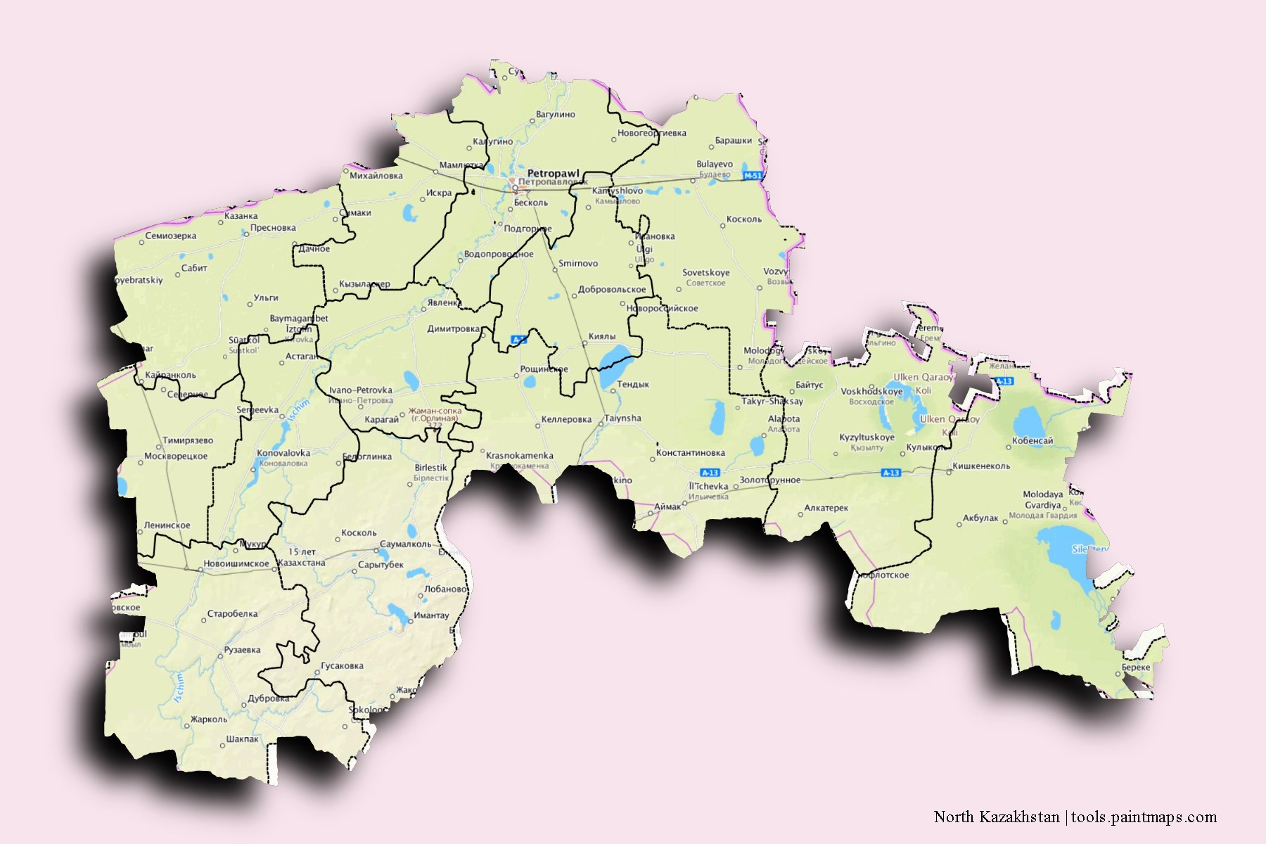 Mapa de North Kazakhstan y sus distritos con efecto de sombra 3D