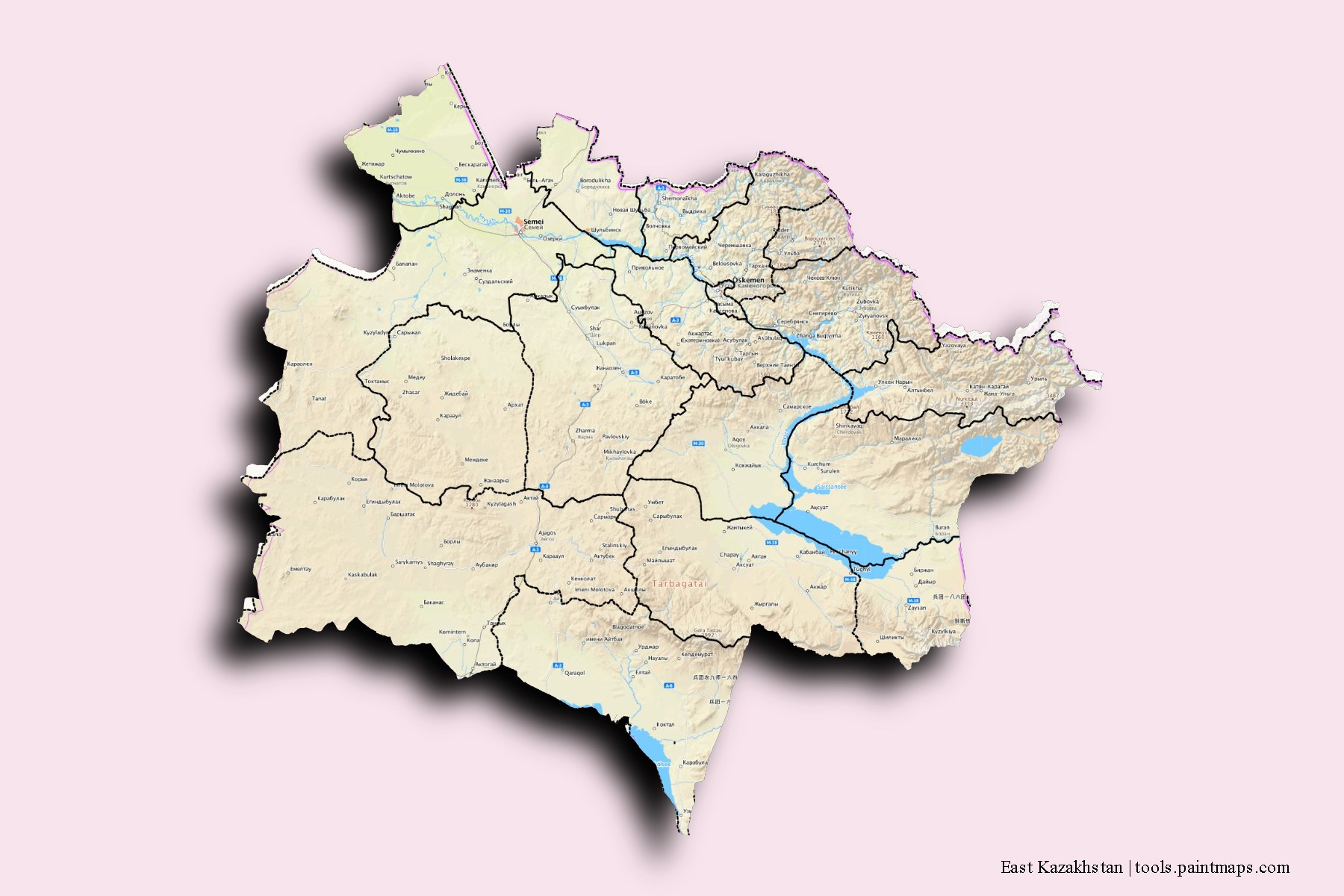 Mapa de East Kazakhstan y sus distritos con efecto de sombra 3D