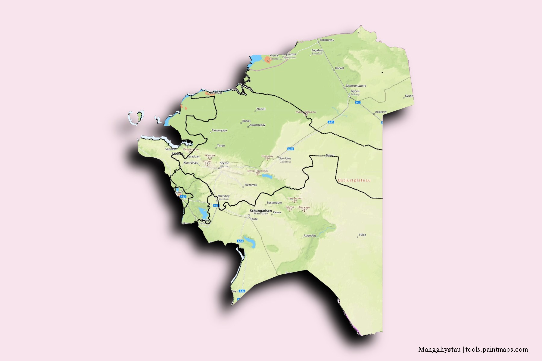 Mapa de Mangghystau y sus distritos con efecto de sombra 3D