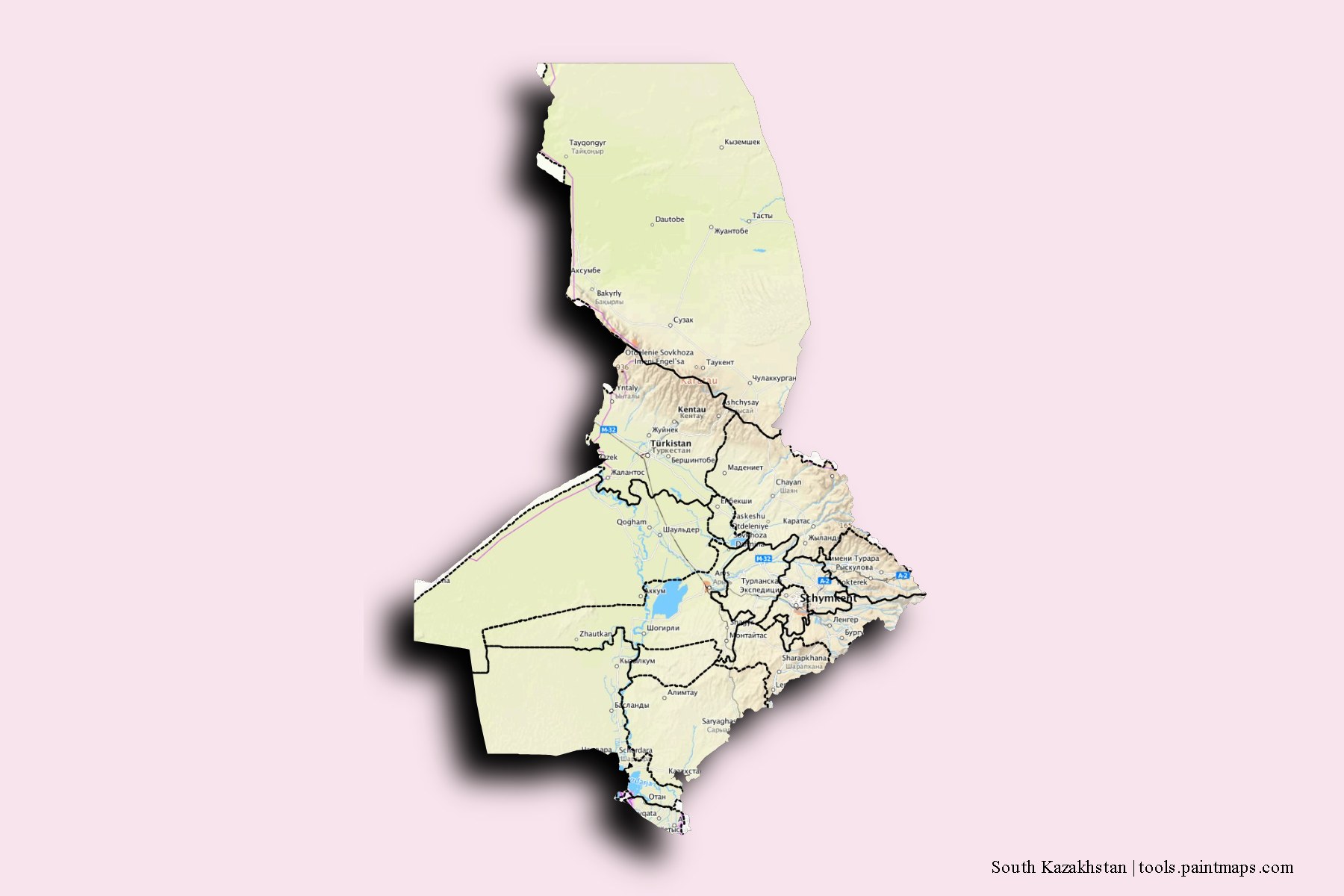 Mapa de South Kazakhstan y sus distritos con efecto de sombra 3D