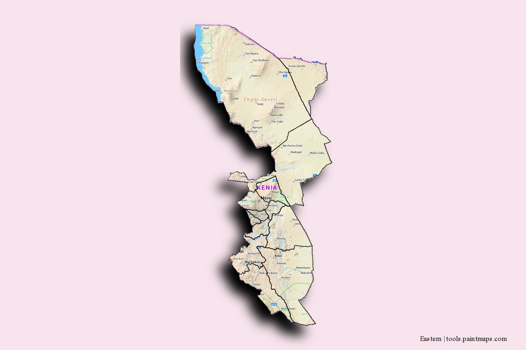 3D gölge efektli Eastern Province ve ilçeleri haritası