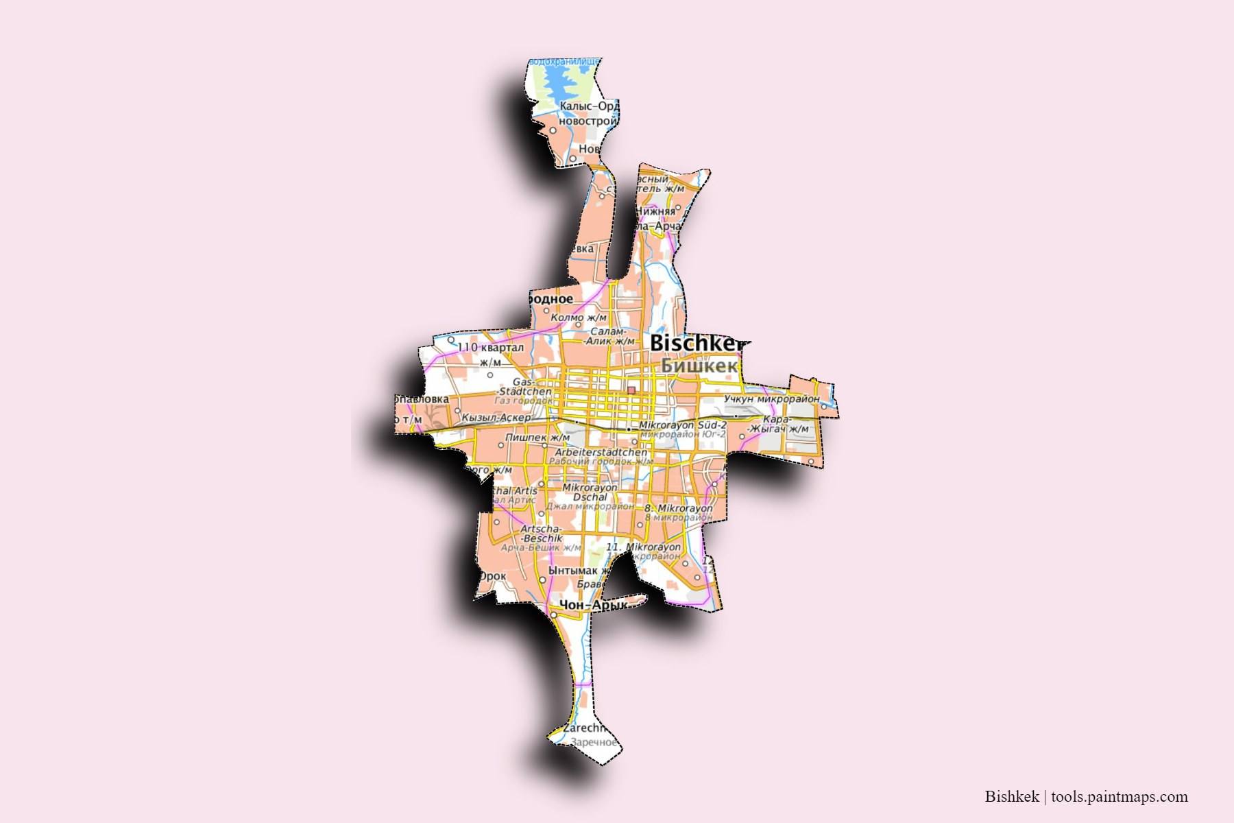 Mapa de Bishkek y sus distritos con efecto de sombra 3D