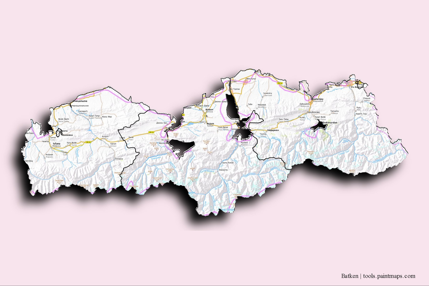 3D gölge efektli Batken İli ve ilçeleri haritası