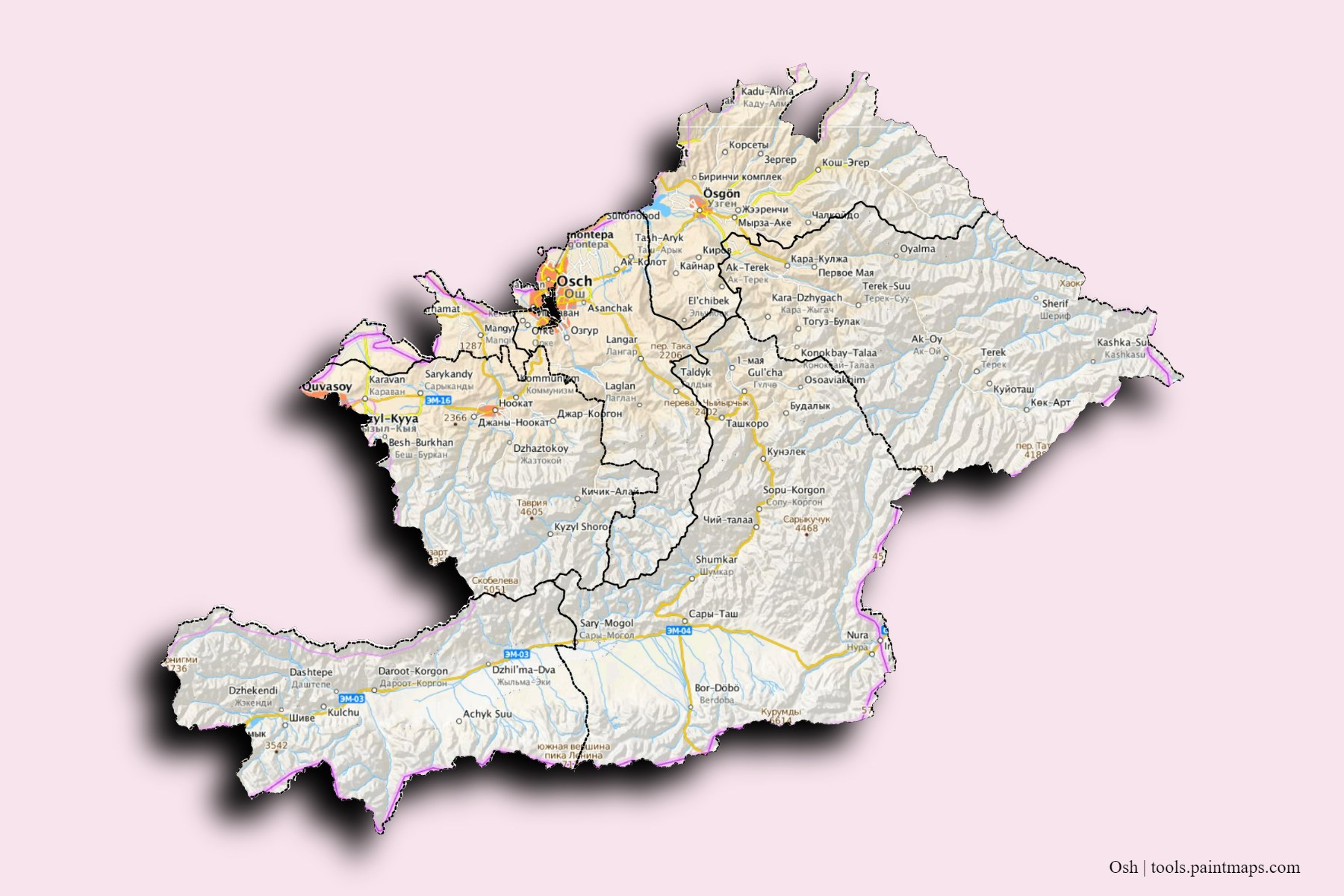 Osh and counties map with 3D shadow effect