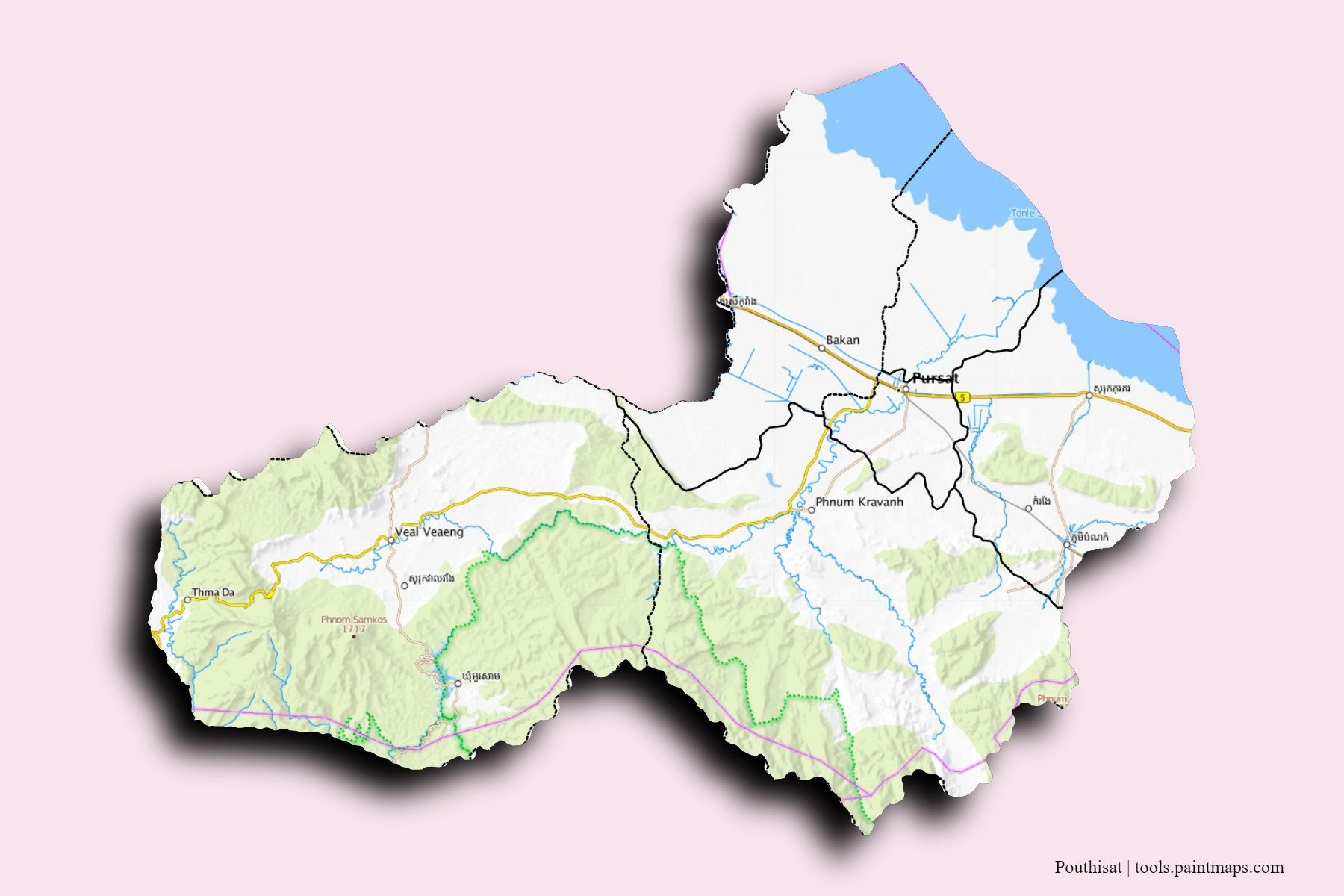 Pouthisat and counties map with 3D shadow effect