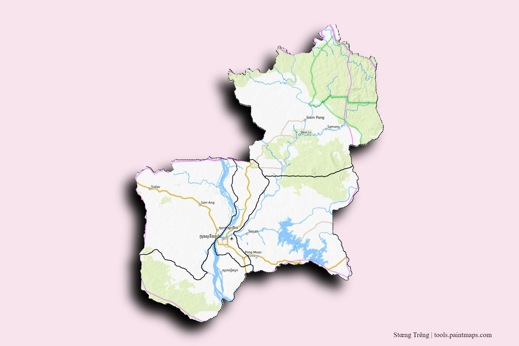 Mapa de Stœng Trêng y sus distritos con efecto de sombra 3D